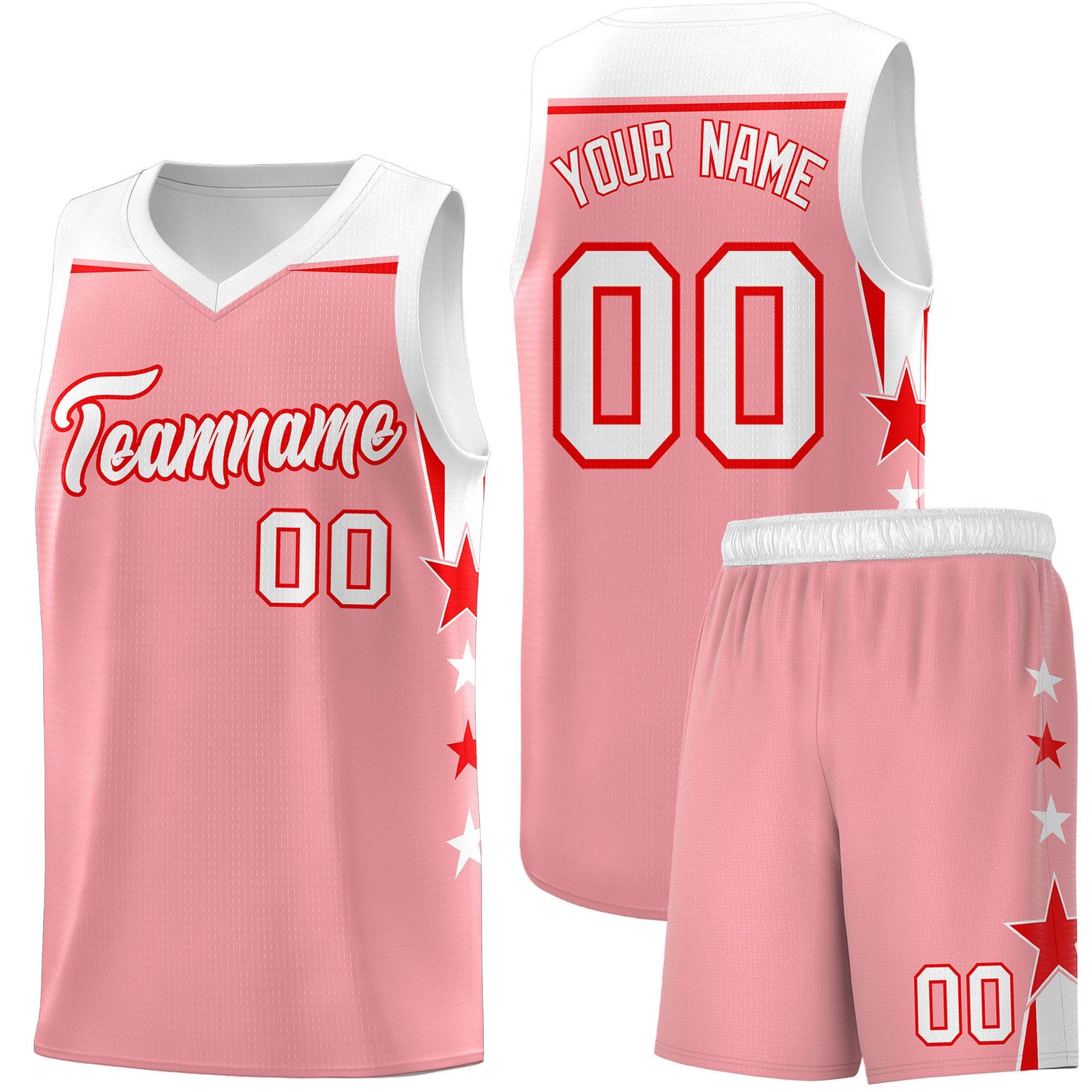 Custom Youth Basketball Uniform Light Pink White Two Tone Side Star Add Name Number & Logo