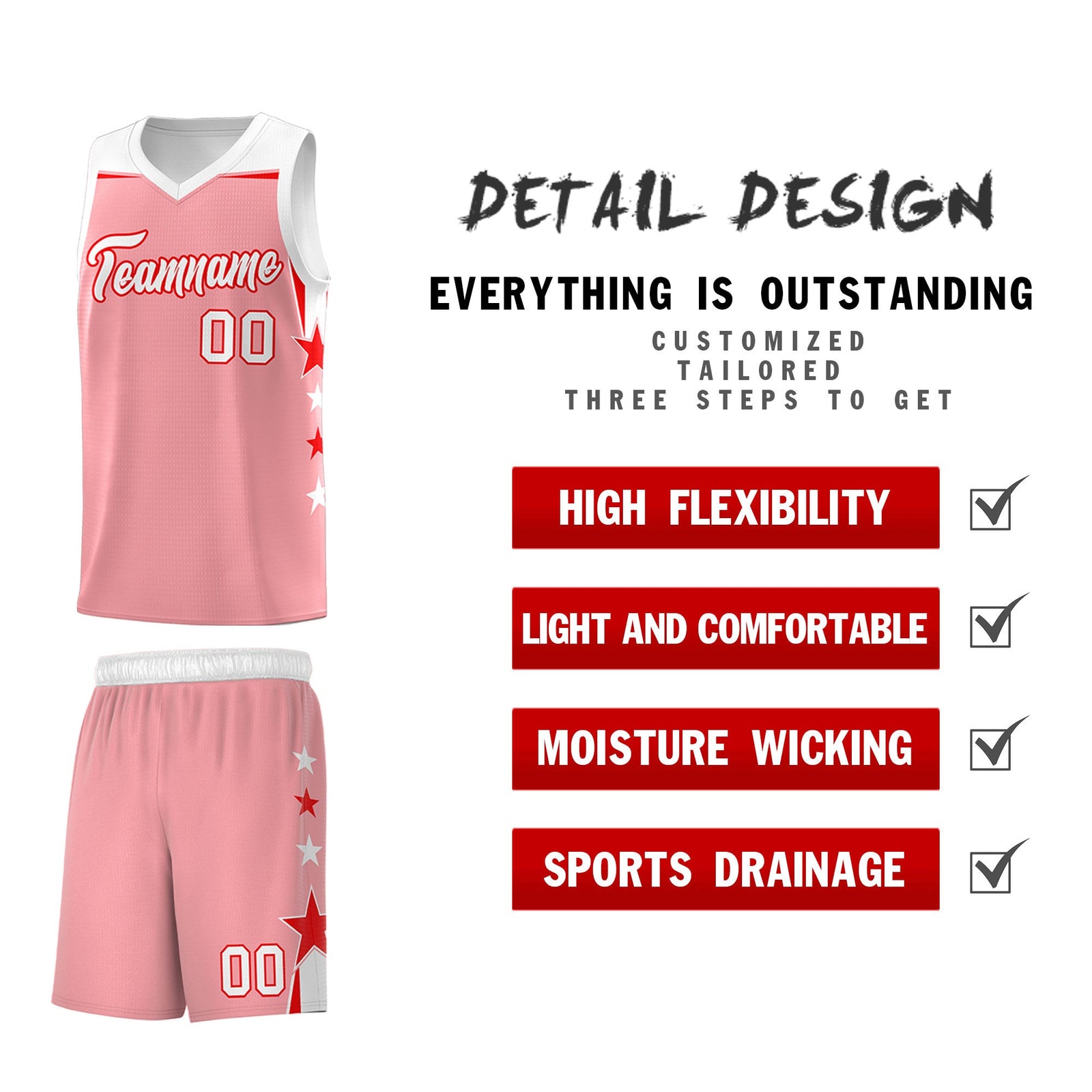 Custom Youth Basketball Uniform Light Pink White Two Tone Side Star Add Name Number & Logo