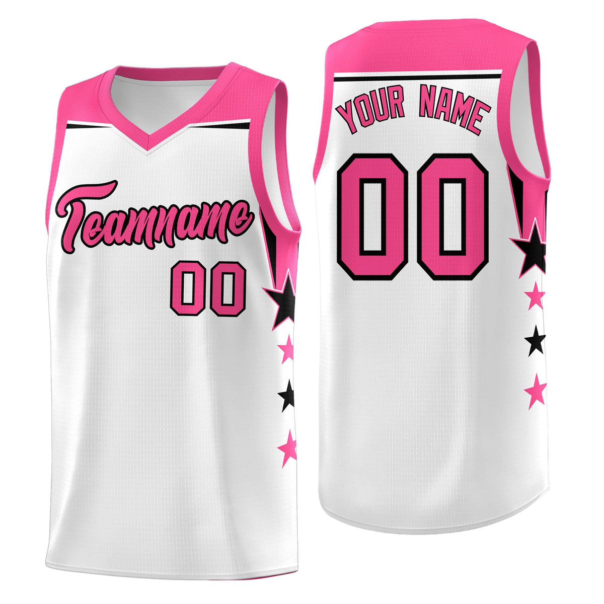 Custom Youth Basketball Uniform White Pink Two Tone Side Star Color Block Team Jersey