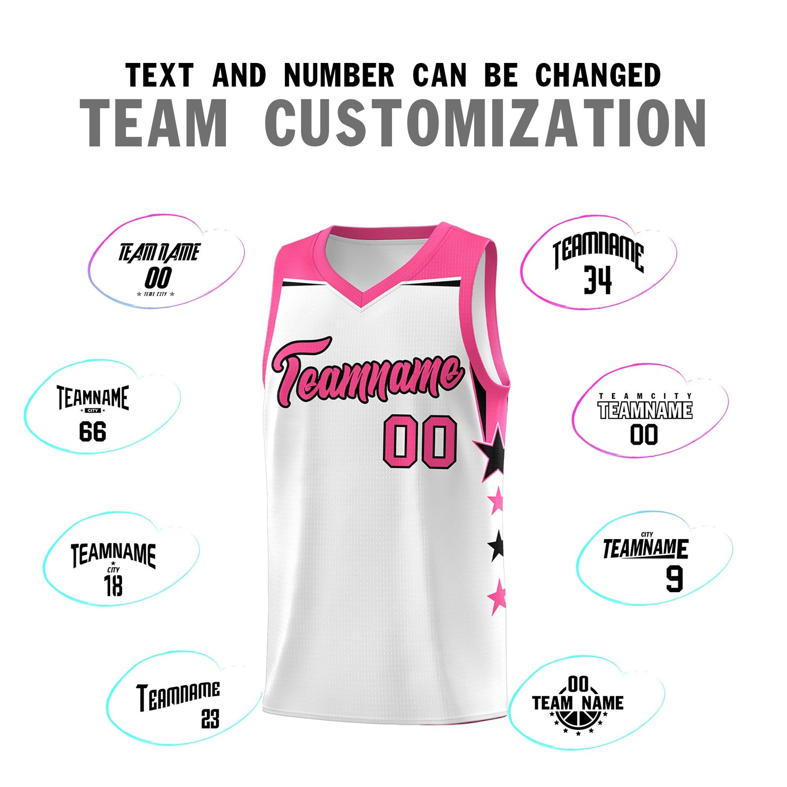 Custom Youth Basketball Uniform White Pink Two Tone Side Star Color Block Team Jersey