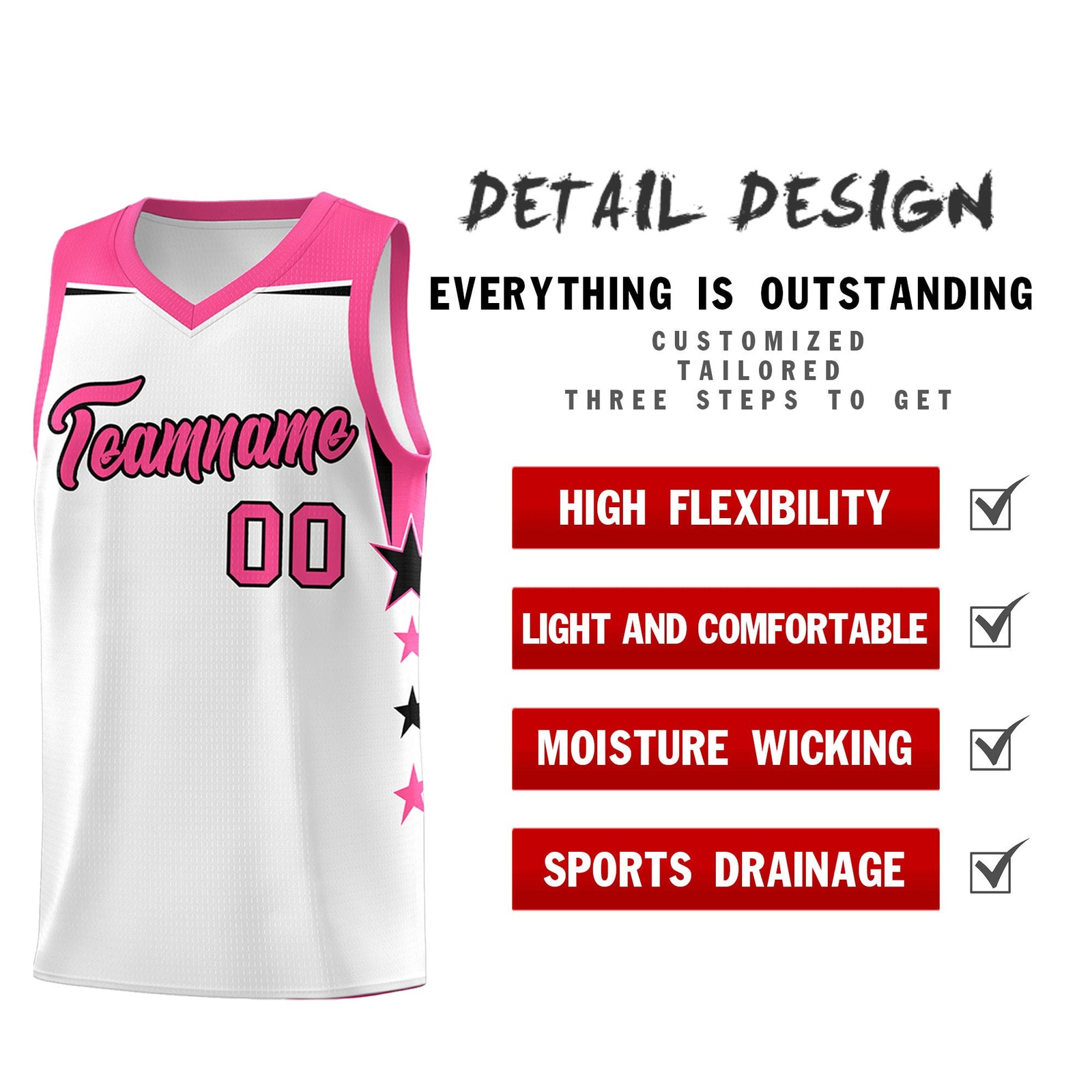 Custom Youth Basketball Uniform White Pink Two Tone Side Star Color Block Team Jersey