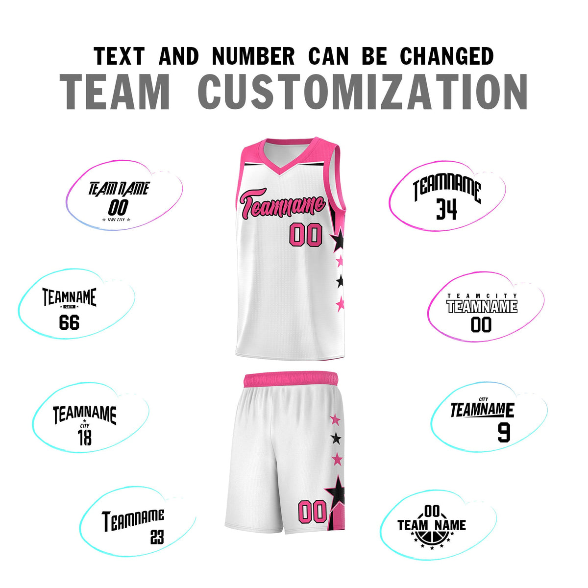 Custom Youth Basketball Uniform White Pink Two Tone Side Star Color Block Team Jersey