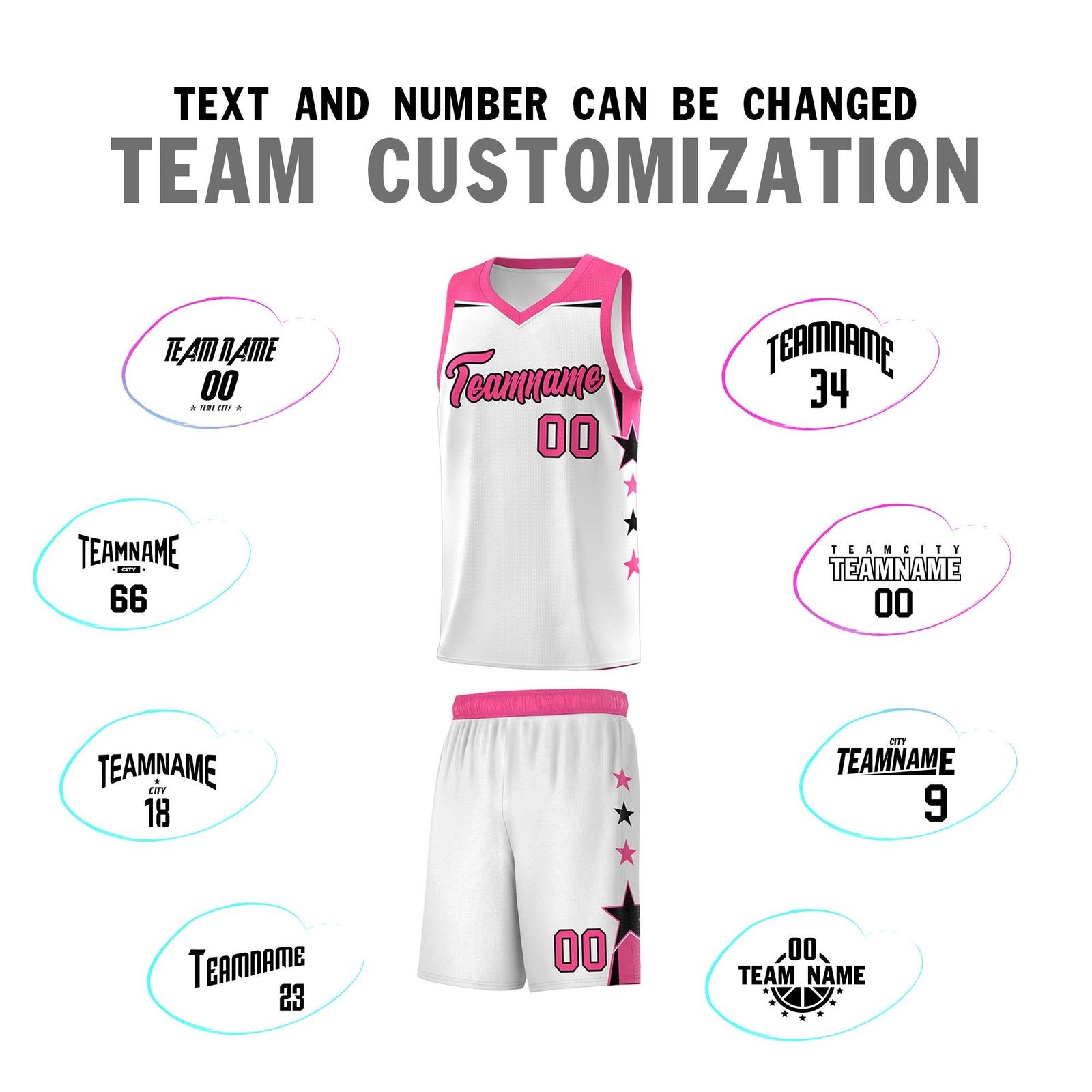 Custom Youth Basketball Uniform White Pink Two Tone Side Star Color Block Team Jersey