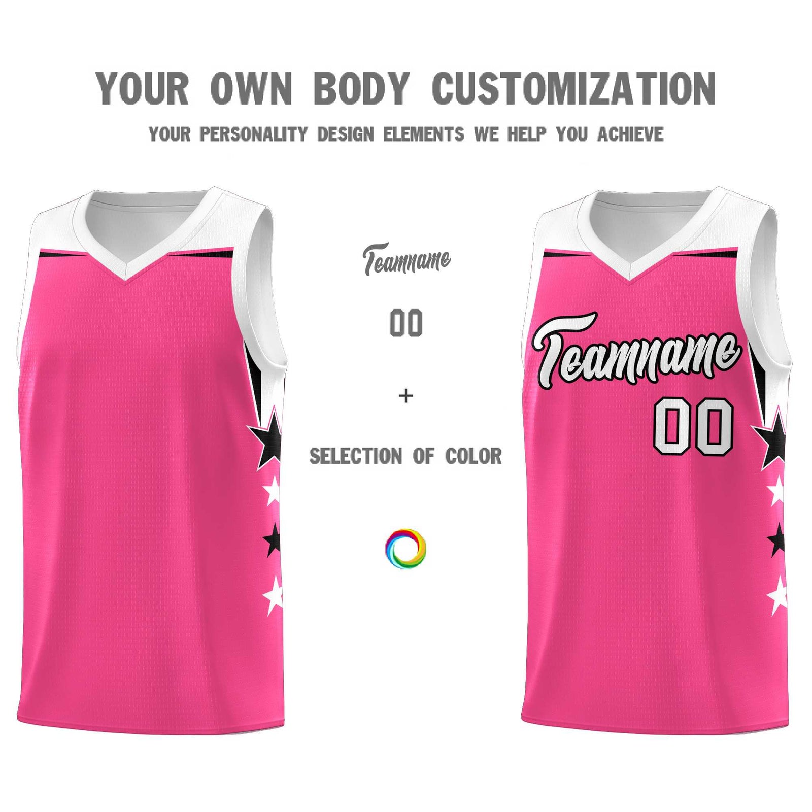 Custom Youth Basketball Uniform Pink White Two Tone Side Star Add Name Number & Logo