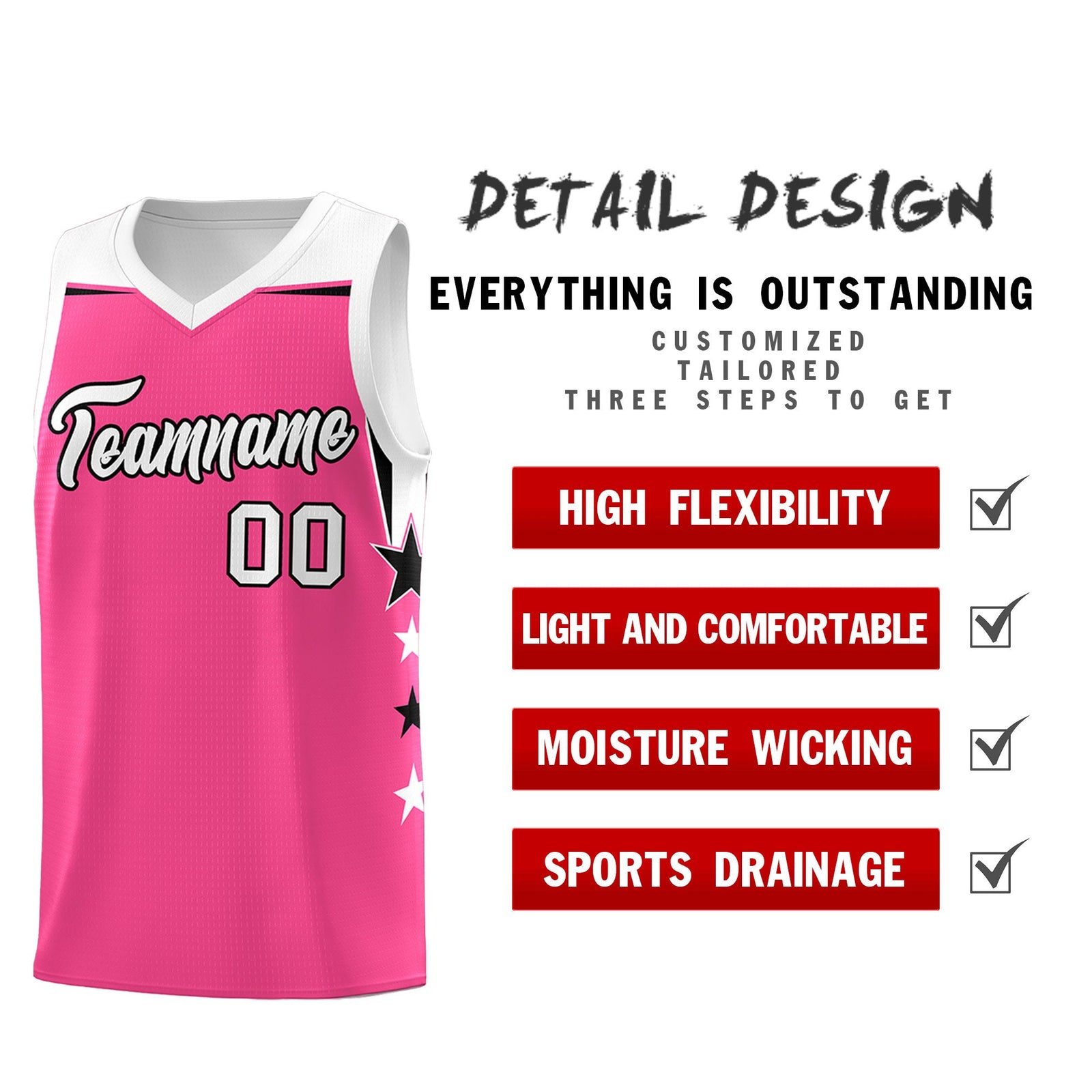 Custom Youth Basketball Uniform Pink White Two Tone Side Star Add Name Number & Logo