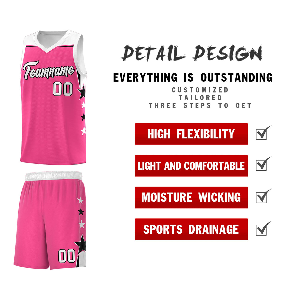 Custom Youth Basketball Uniform Pink White Two Tone Side Star Add Name Number &amp; Logo