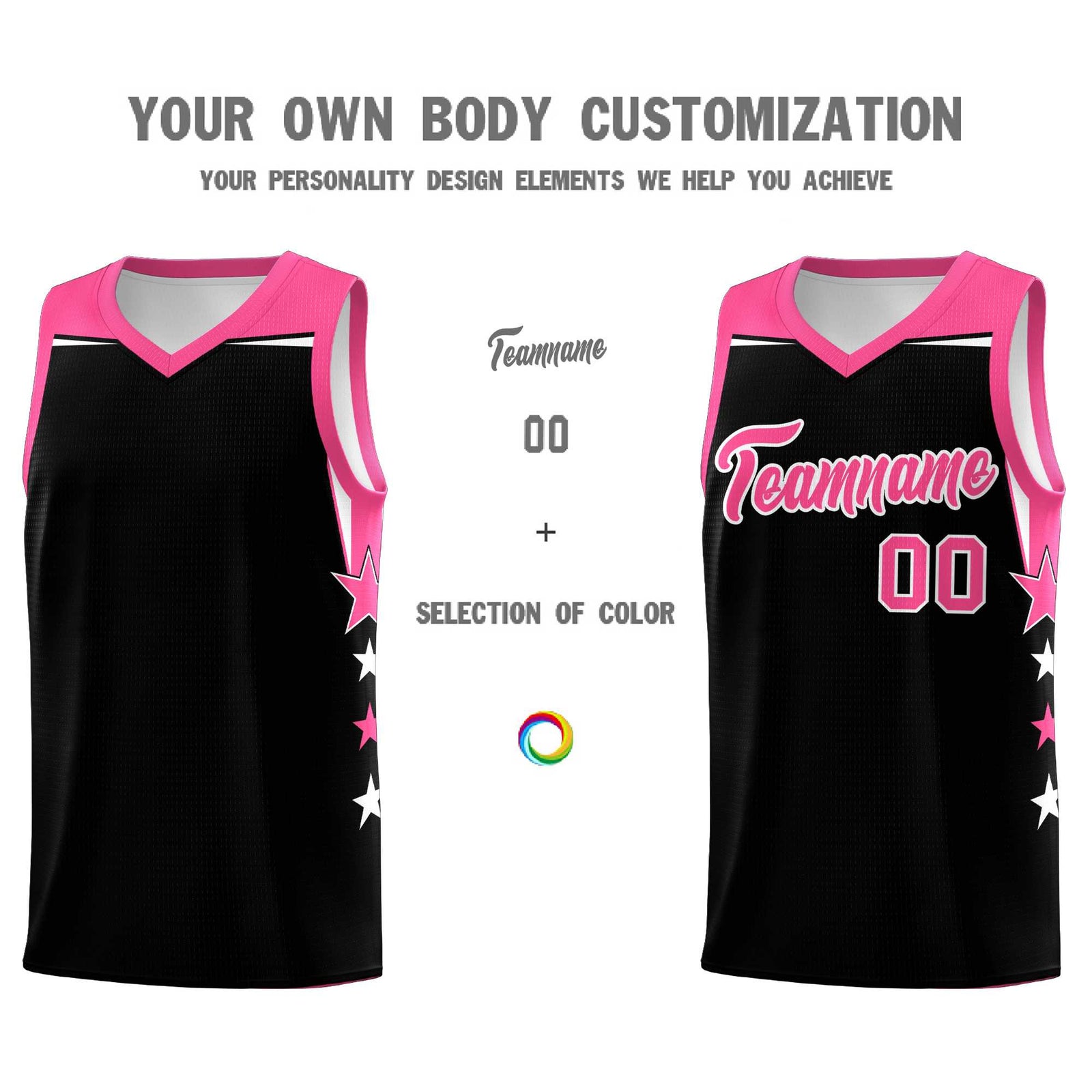 Custom Youth Basketball Uniform Black Pink Two Tone Side Star Personalized Team Jersey
