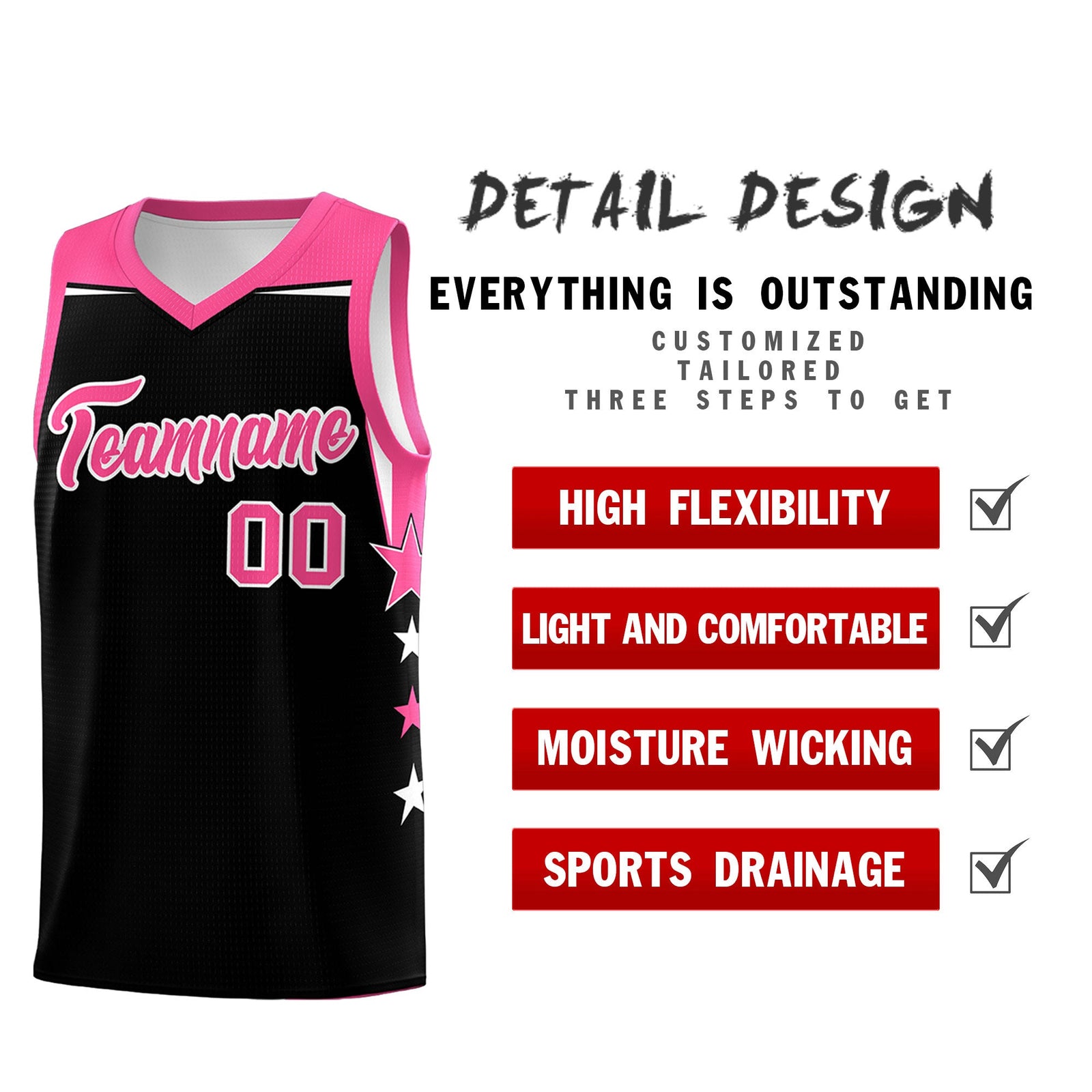 Custom Youth Basketball Uniform Black Pink Two Tone Side Star Personalized Team Jersey