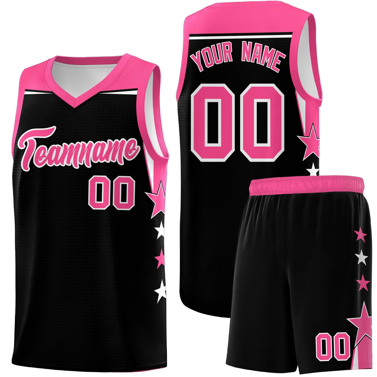 Custom Youth Basketball Uniform Black Pink Two Tone Side Star Personalized Team Jersey