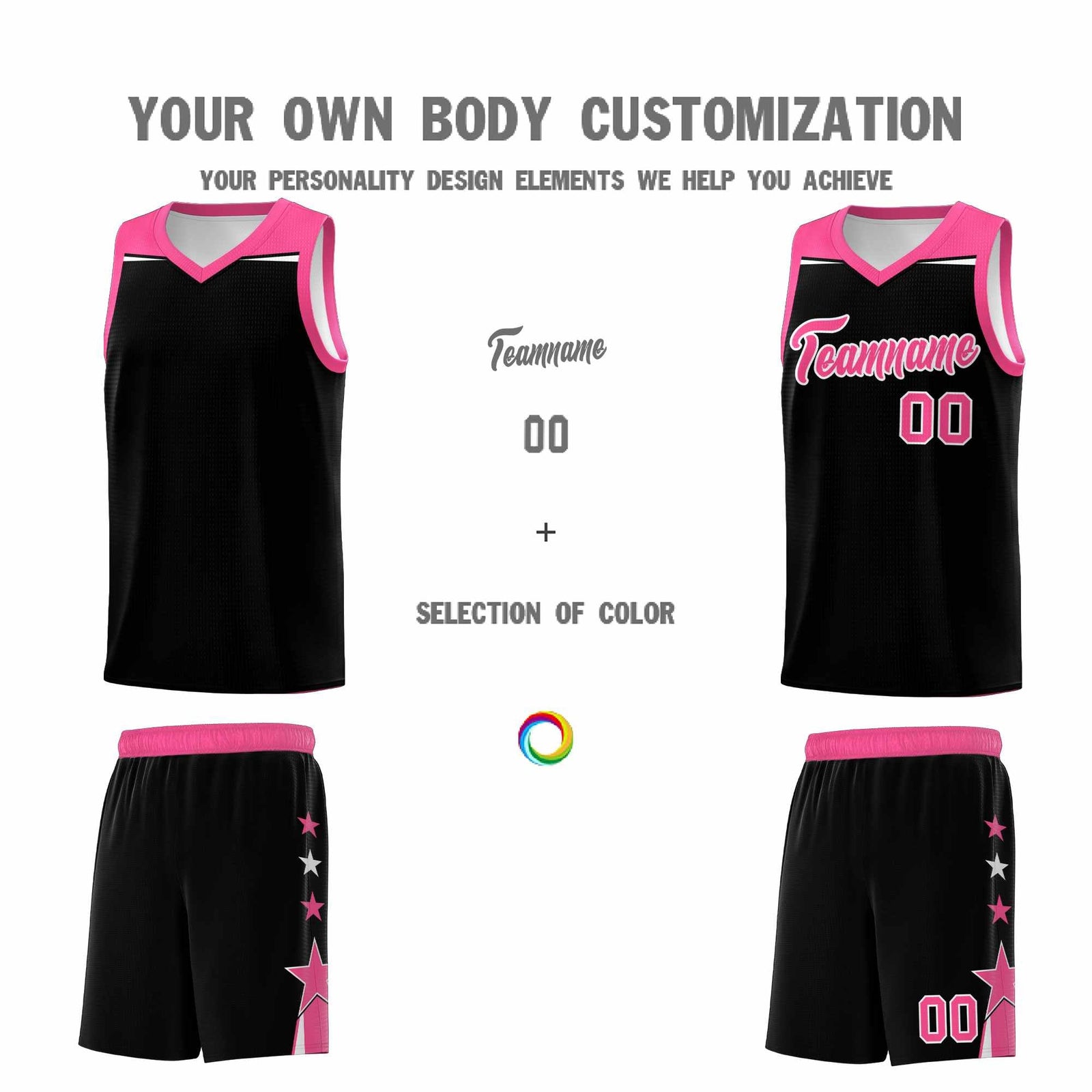 Custom Youth Basketball Uniform Black Pink Two Tone Side Star Personalized Team Jersey