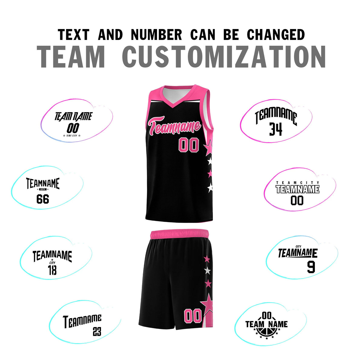Custom Youth Basketball Uniform Black Pink Two Tone Side Star Personalized Team Jersey