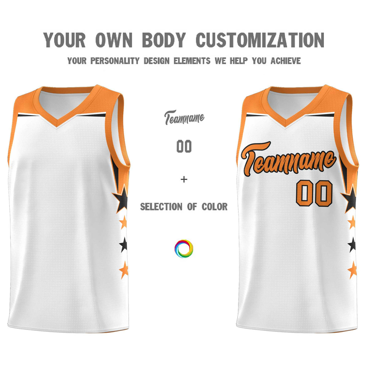Custom Youth Basketball Uniform White Gold Orange Two Tone Side Star Color Block Team Jersey
