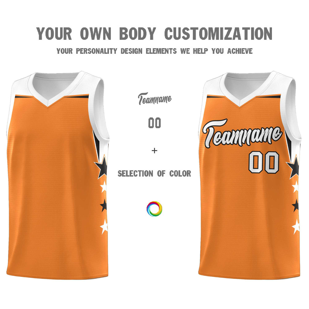 Custom Youth Basketball Uniform Gold Orange White Two Tone Side Star Add Name Number &amp; Logo