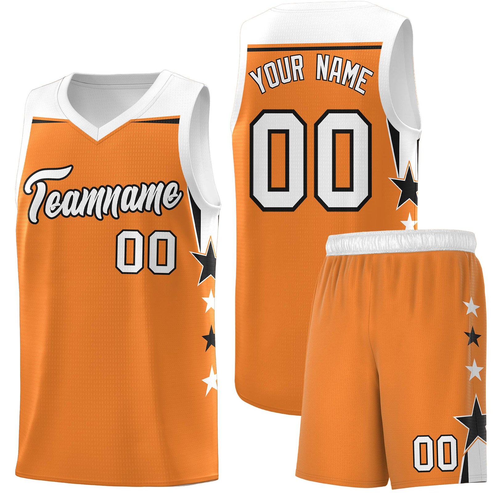 Custom Youth Basketball Uniform Gold Orange White Two Tone Side Star Add Name Number & Logo