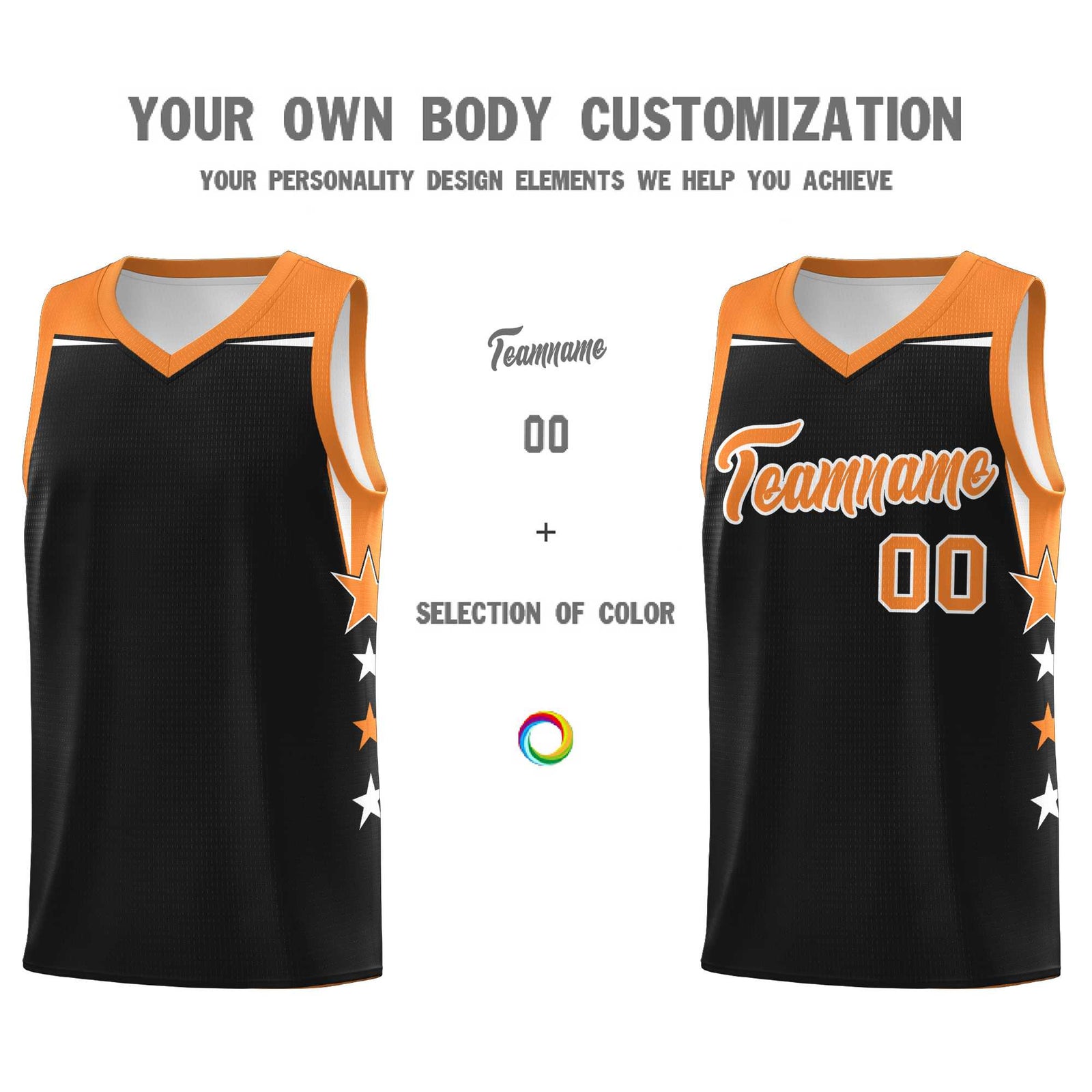 Custom Youth Basketball Uniform Black Gold Orange Two Tone Side Star Personalized Team Jersey