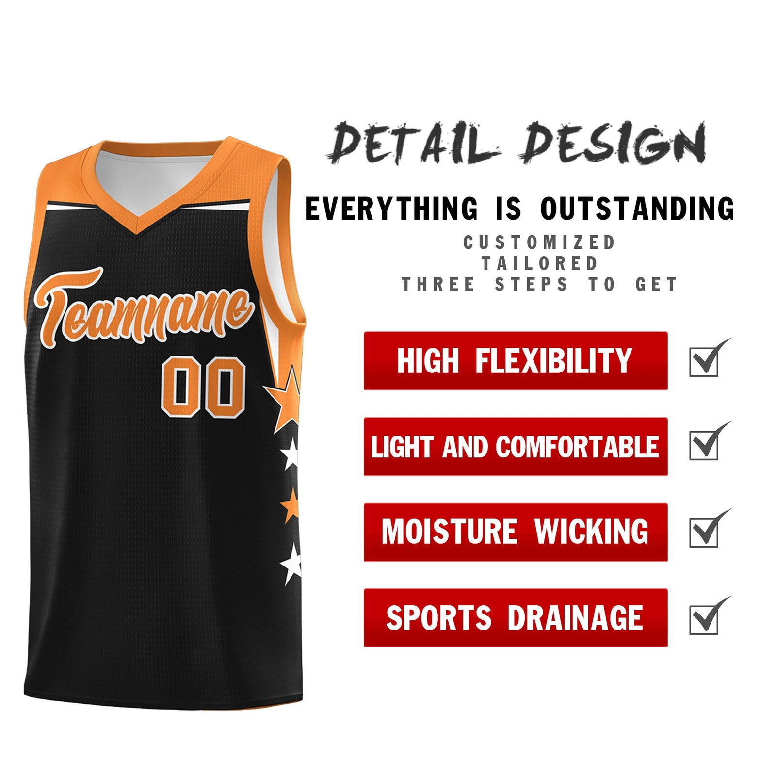 Custom Youth Basketball Uniform Black Gold Orange Two Tone Side Star Personalized Team Jersey