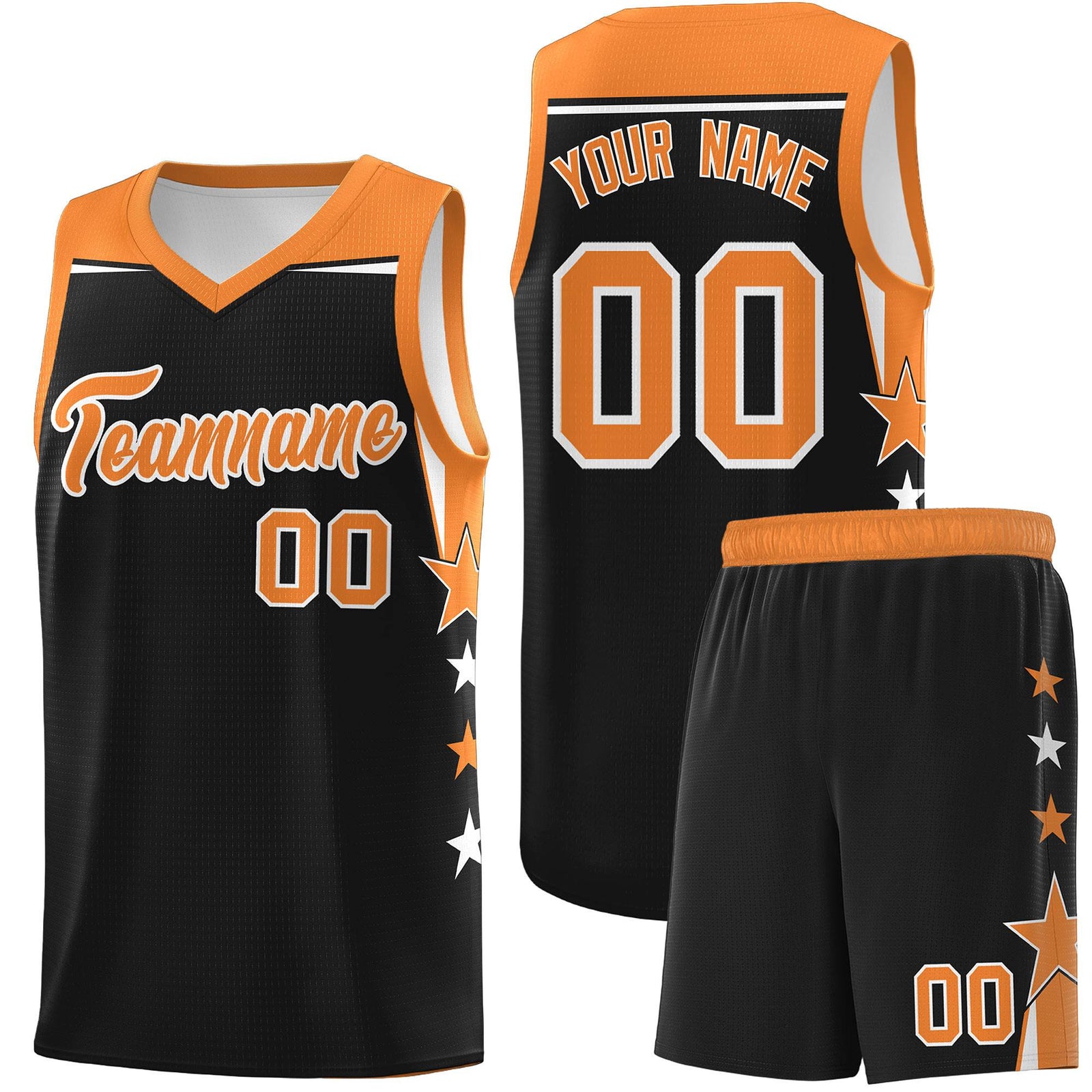 Custom Youth Basketball Uniform Black Gold Orange Two Tone Side Star Personalized Team Jersey