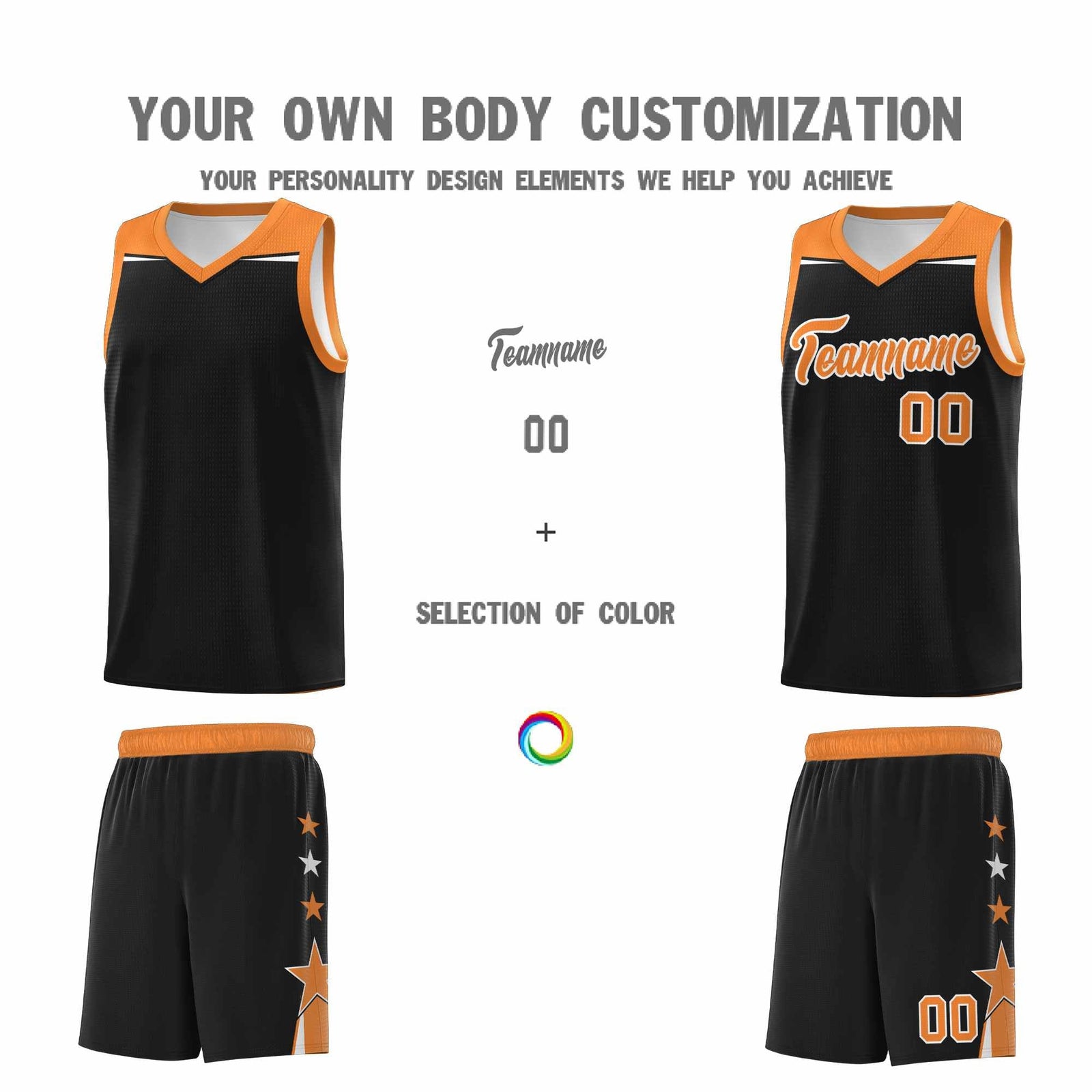 Custom Youth Basketball Uniform Black Gold Orange Two Tone Side Star Personalized Team Jersey