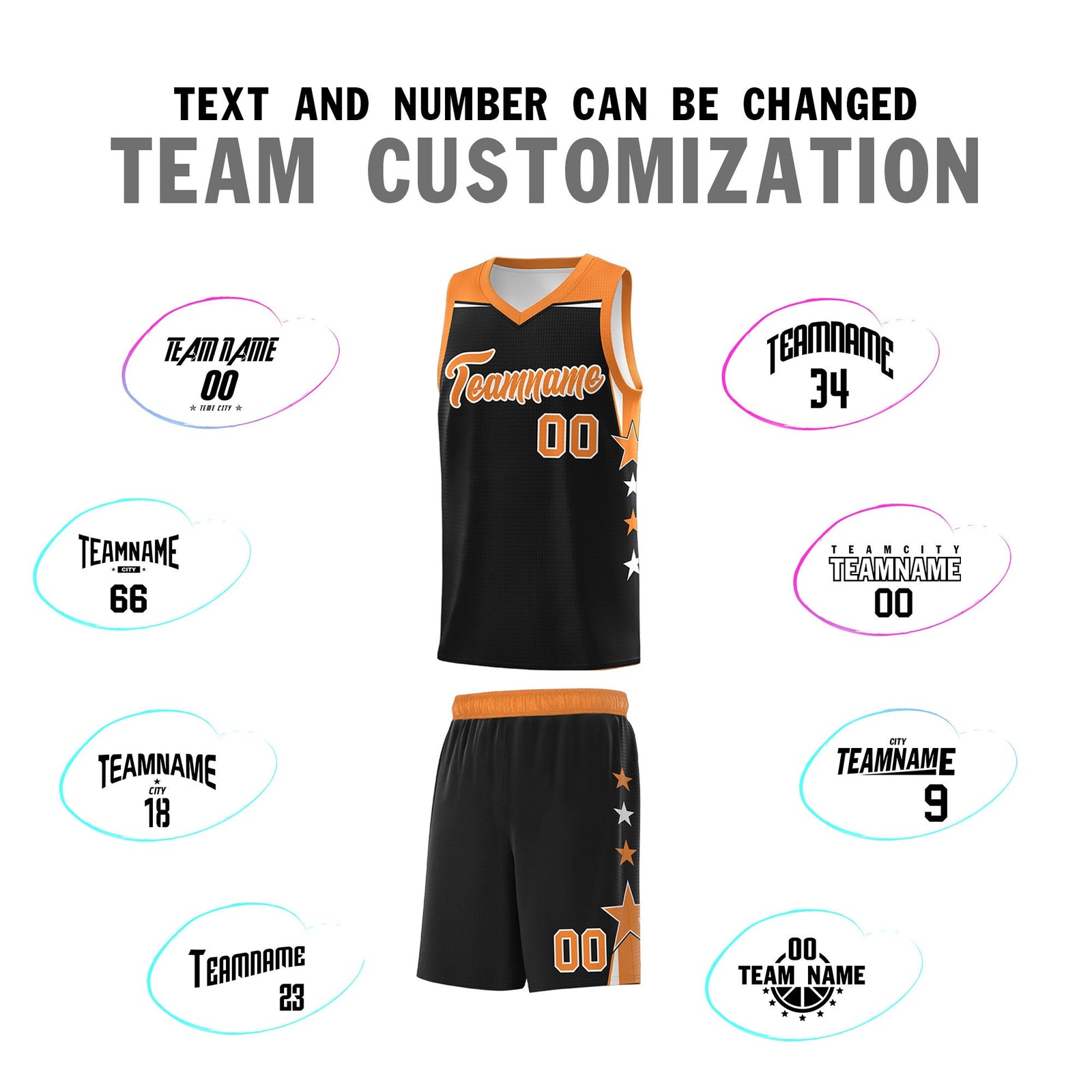 Custom Youth Basketball Uniform Black Gold Orange Two Tone Side Star Personalized Team Jersey