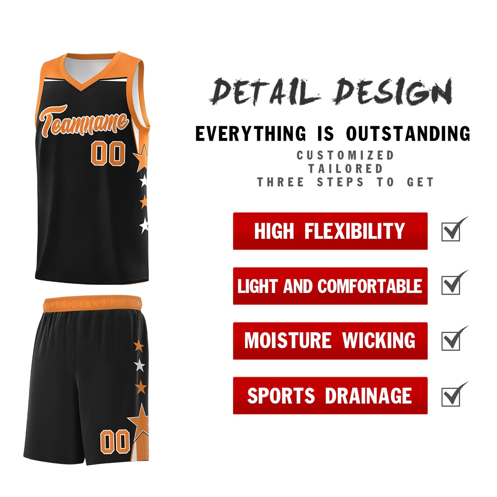 Custom Youth Basketball Uniform Black Gold Orange Two Tone Side Star Personalized Team Jersey