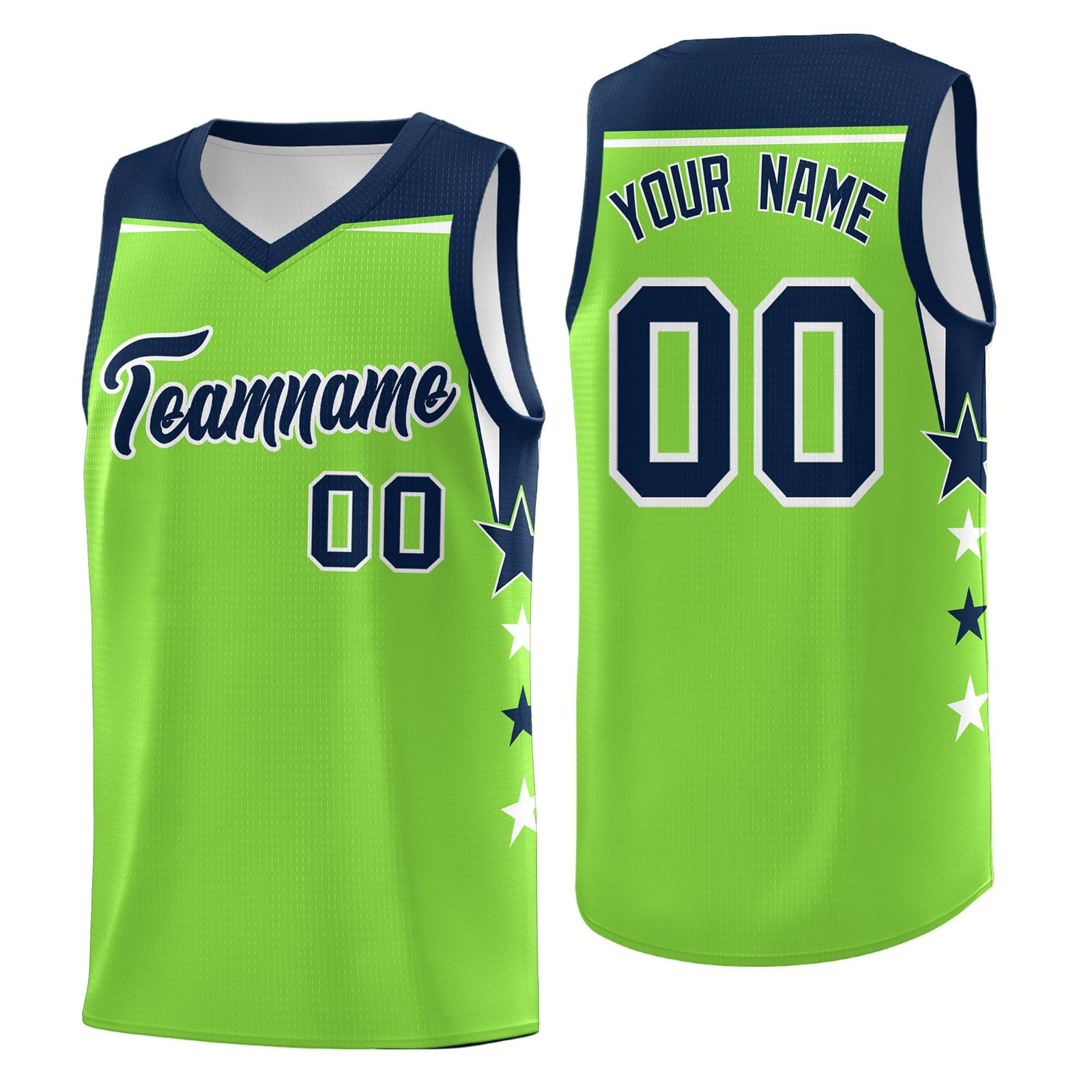 Custom Youth Basketball Uniform Fluorescent Green Navy Two Tone Side Star Personalized Team Jersey