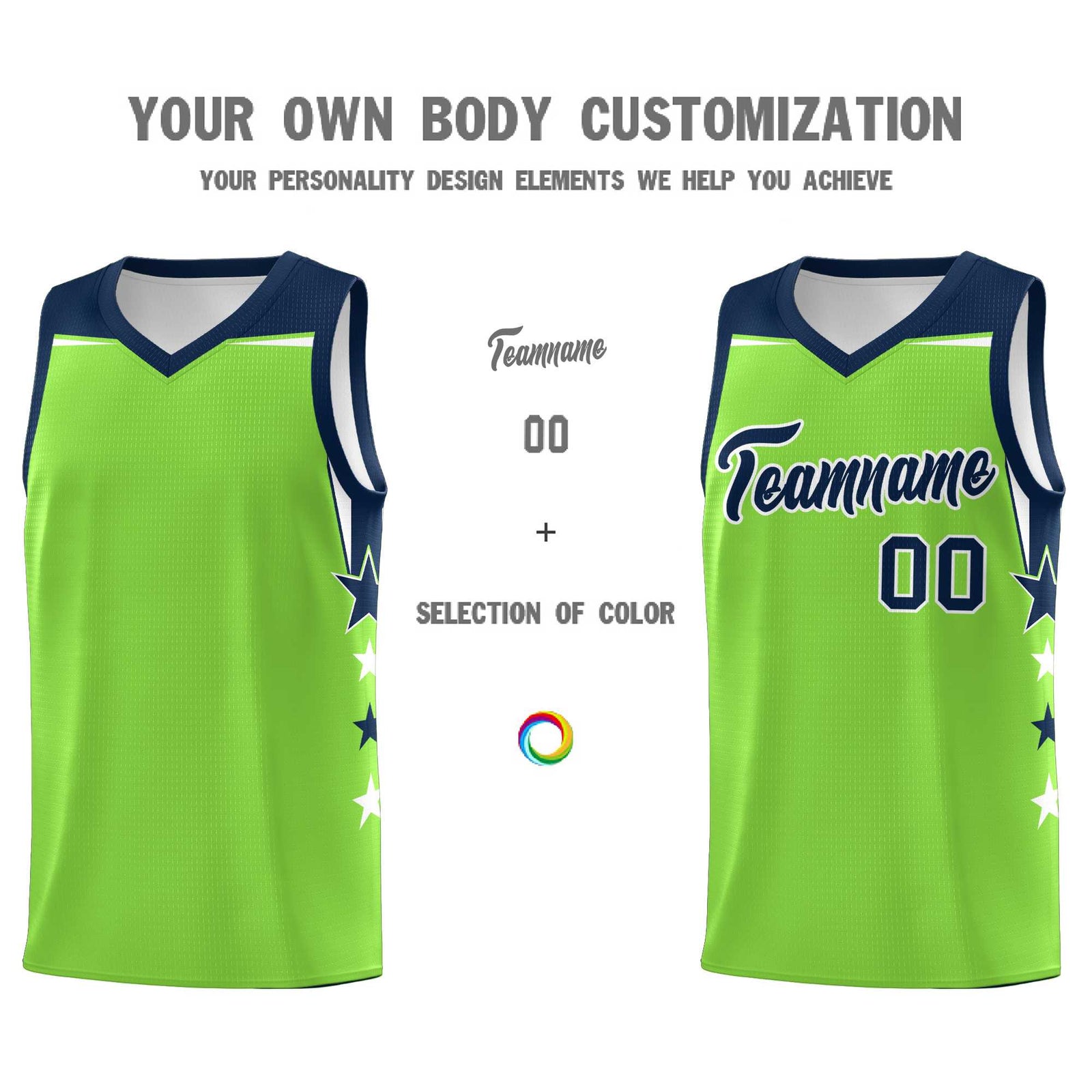 Custom Youth Basketball Uniform Fluorescent Green Navy Two Tone Side Star Personalized Team Jersey
