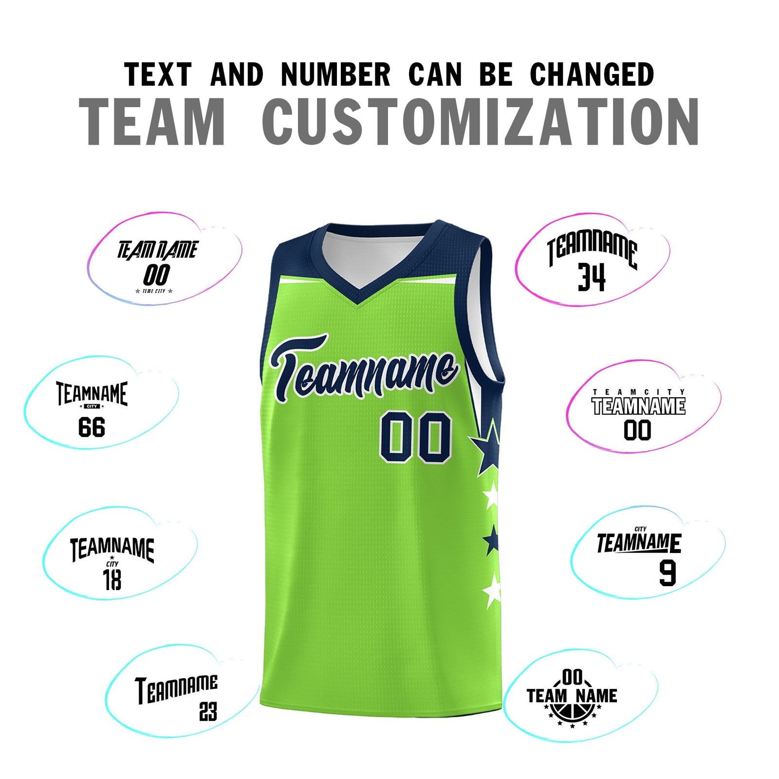 Custom Youth Basketball Uniform Fluorescent Green Navy Two Tone Side Star Personalized Team Jersey