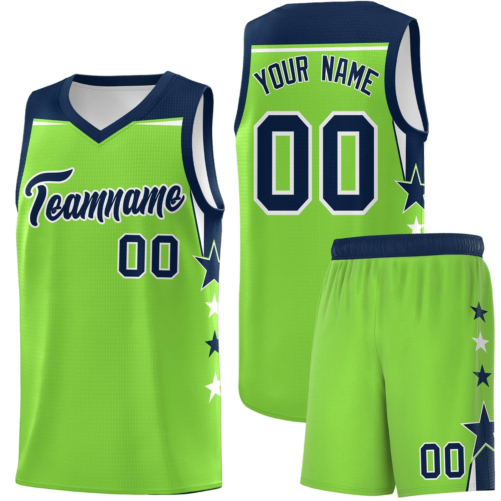 Custom Youth Basketball Uniform Fluorescent Green Navy Two Tone Side Star Personalized Team Jersey