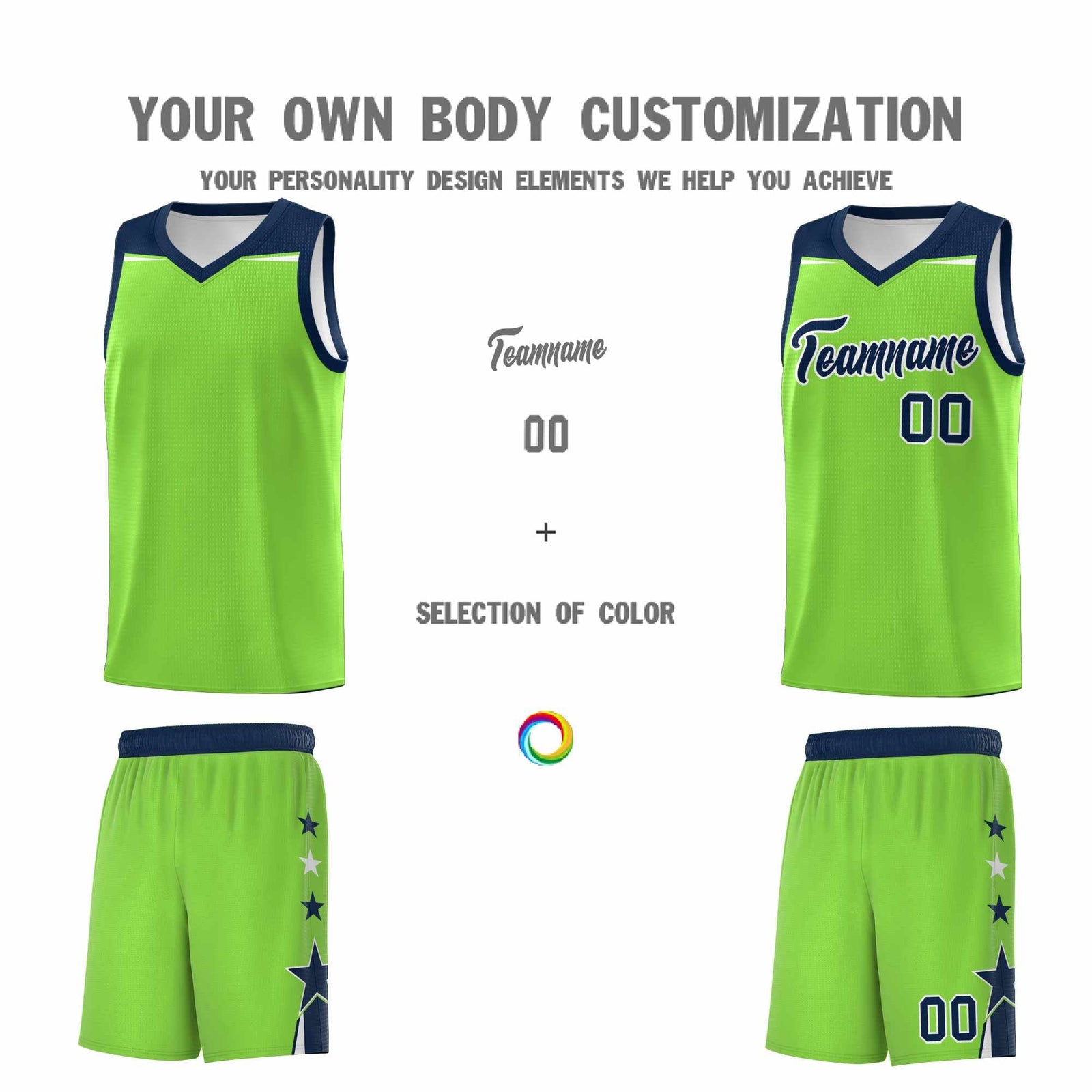 Custom Youth Basketball Uniform Fluorescent Green Navy Two Tone Side Star Personalized Team Jersey