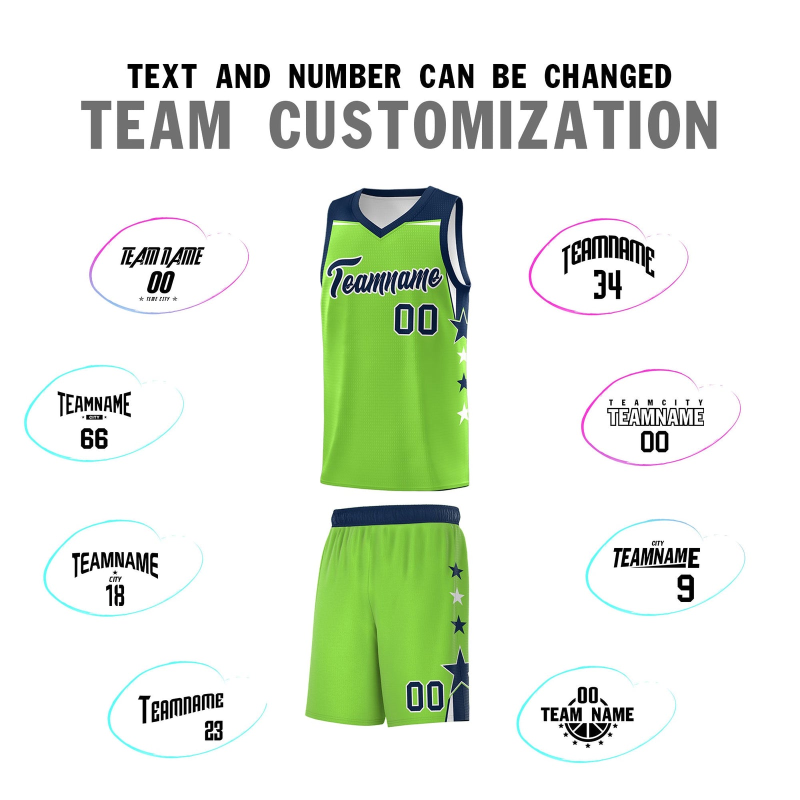 Custom Youth Basketball Uniform Fluorescent Green Navy Two Tone Side Star Personalized Team Jersey