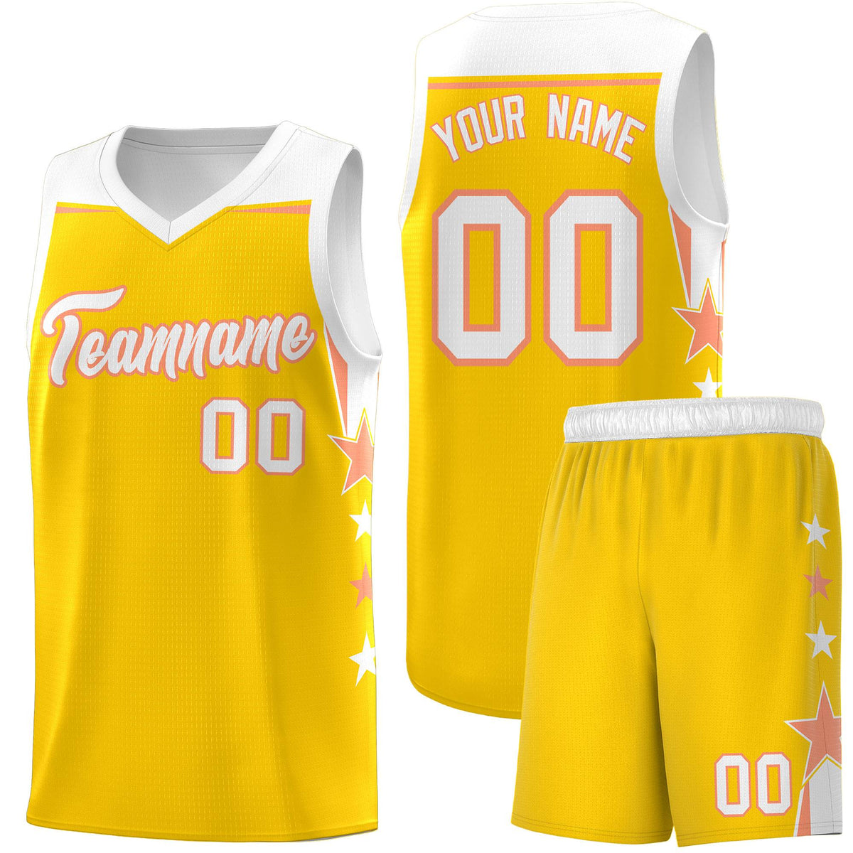 Custom Youth Basketball Uniform Gold White Two Tone Side Star Color Block Team Jersey
