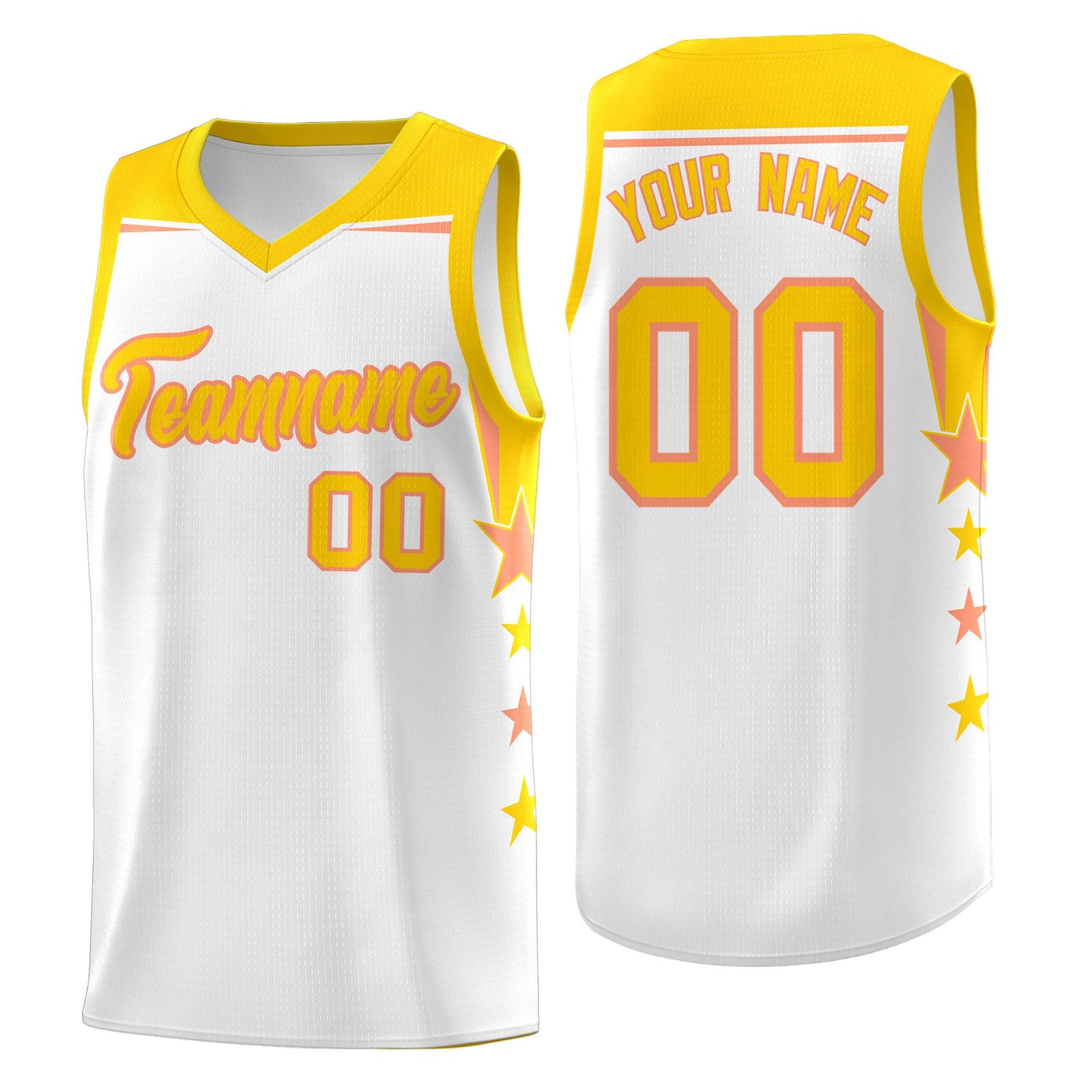 Custom Youth Basketball Uniform White Gold Two Tone Side Star Add Name Number & Logo