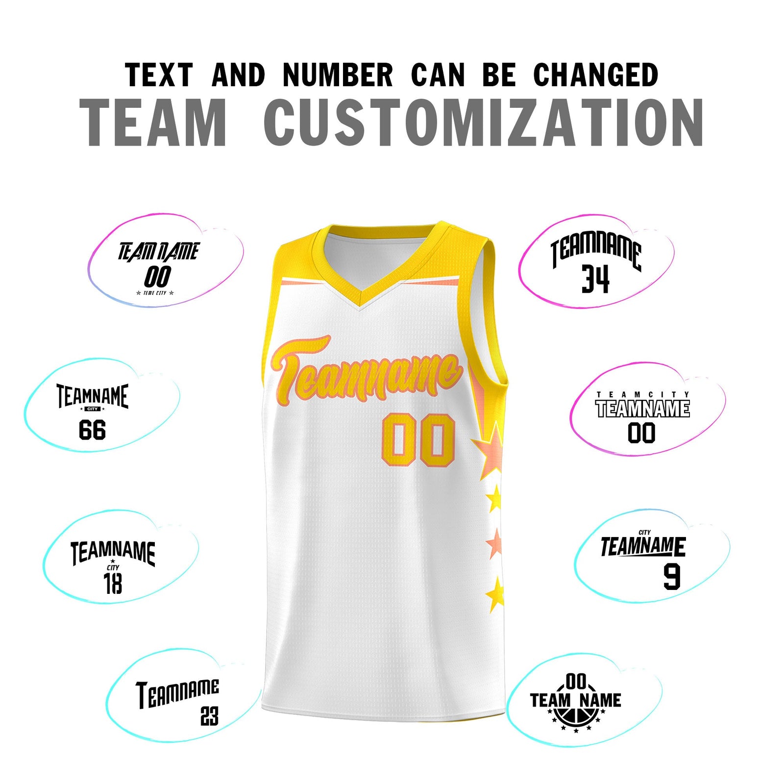 Custom Youth Basketball Uniform White Gold Two Tone Side Star Add Name Number & Logo