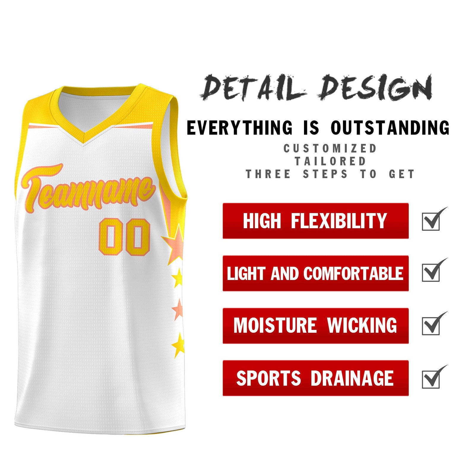 Custom Youth Basketball Uniform White Gold Two Tone Side Star Add Name Number & Logo