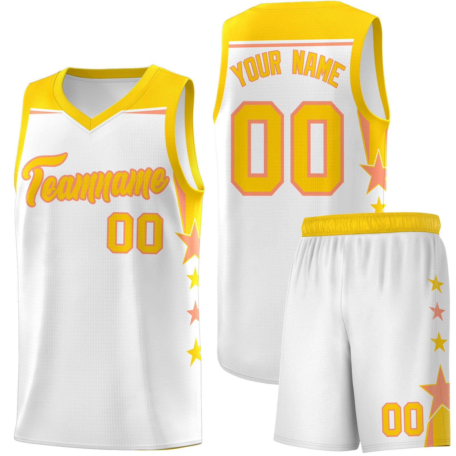 Custom Youth Basketball Uniform White Gold Two Tone Side Star Add Name Number & Logo