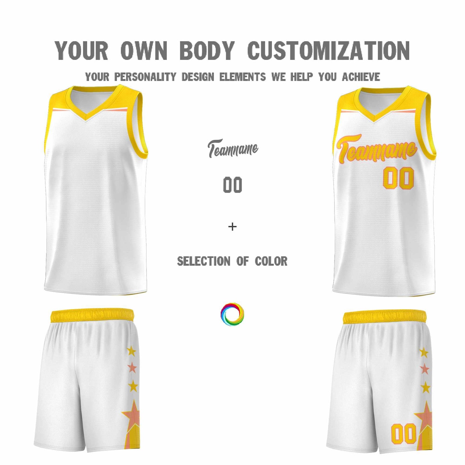 Custom Youth Basketball Uniform White Gold Two Tone Side Star Add Name Number & Logo