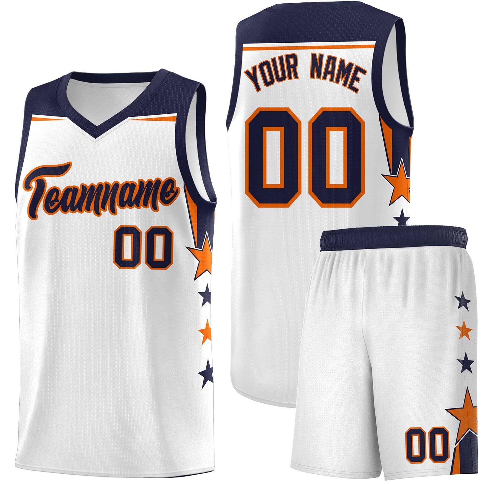 Custom Youth Basketball Uniform White Navy Two Tone Side Star Add Name Number & Logo