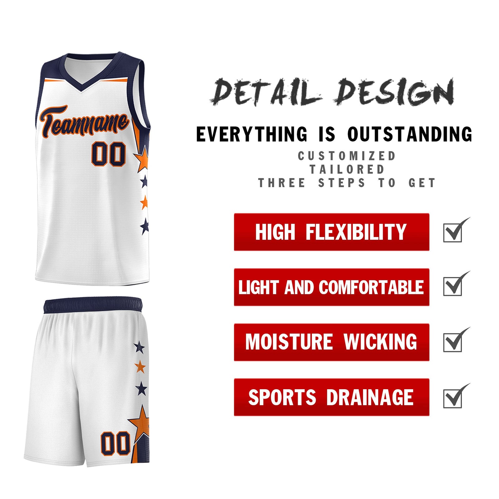 Custom Youth Basketball Uniform White Navy Two Tone Side Star Add Name Number & Logo