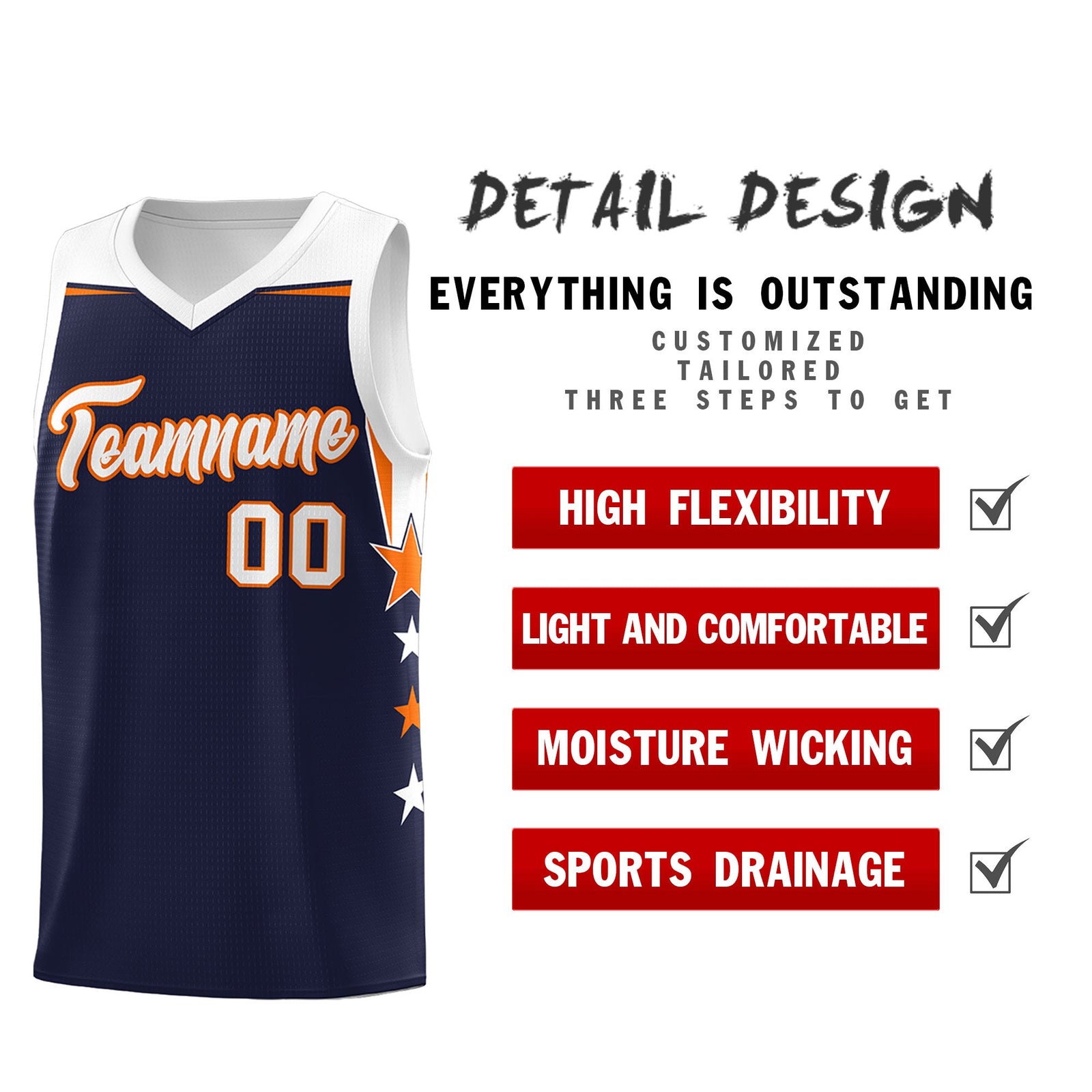 Custom Youth Basketball Uniform Navy White Two Tone Side Star Personalized Team Jersey