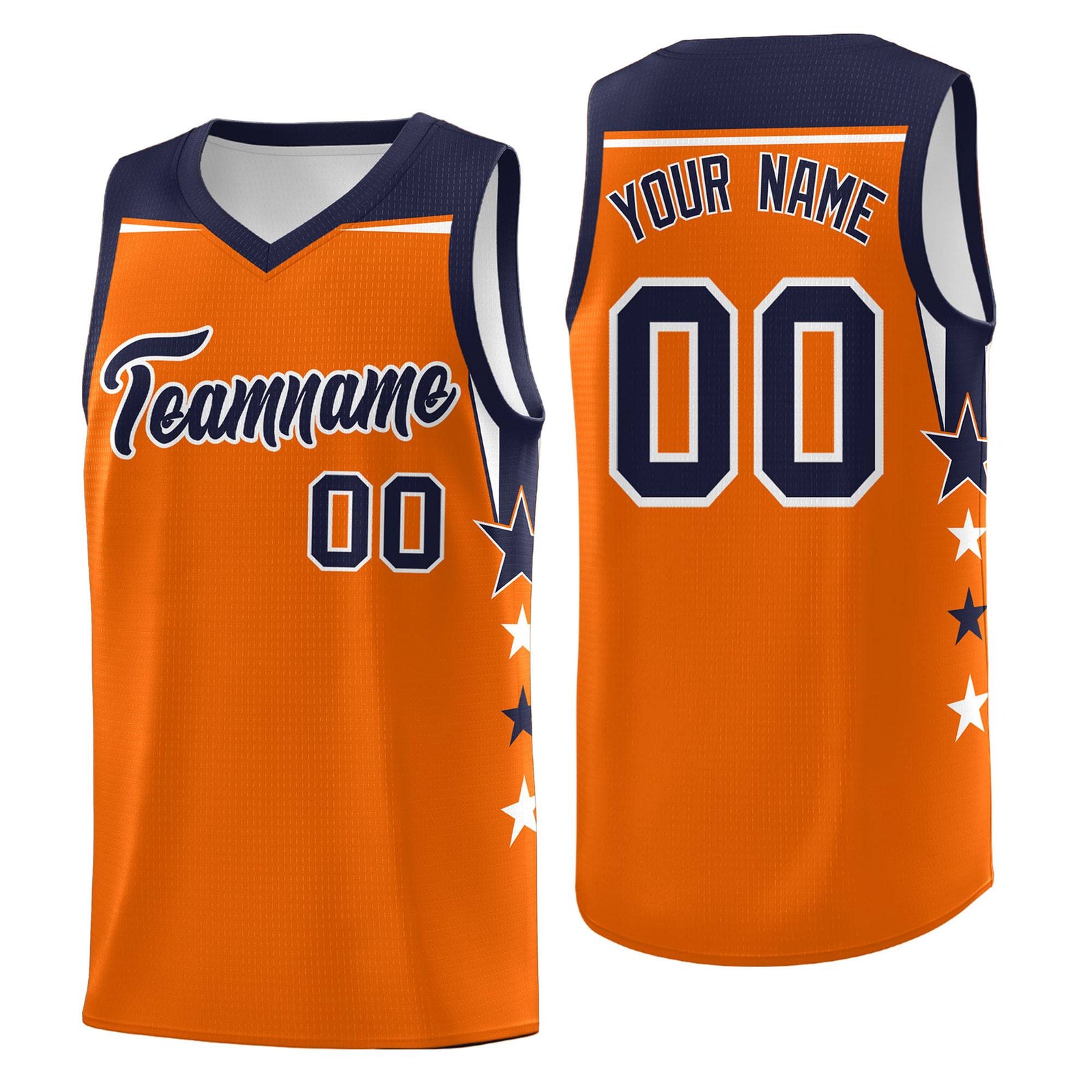 Custom Youth Basketball Uniform Orange Navy Two Tone Side Star Color Block Team Jersey