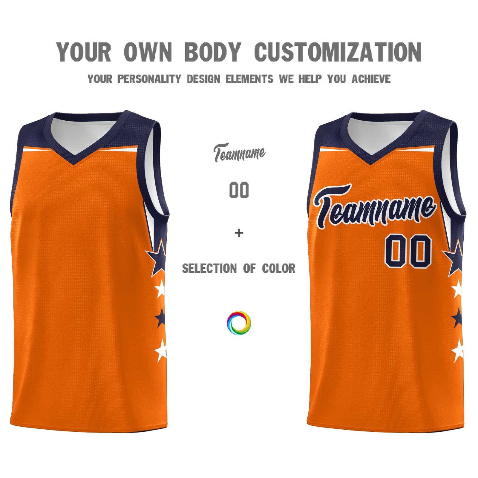 Custom Youth Basketball Uniform Orange Navy Two Tone Side Star Color Block Team Jersey