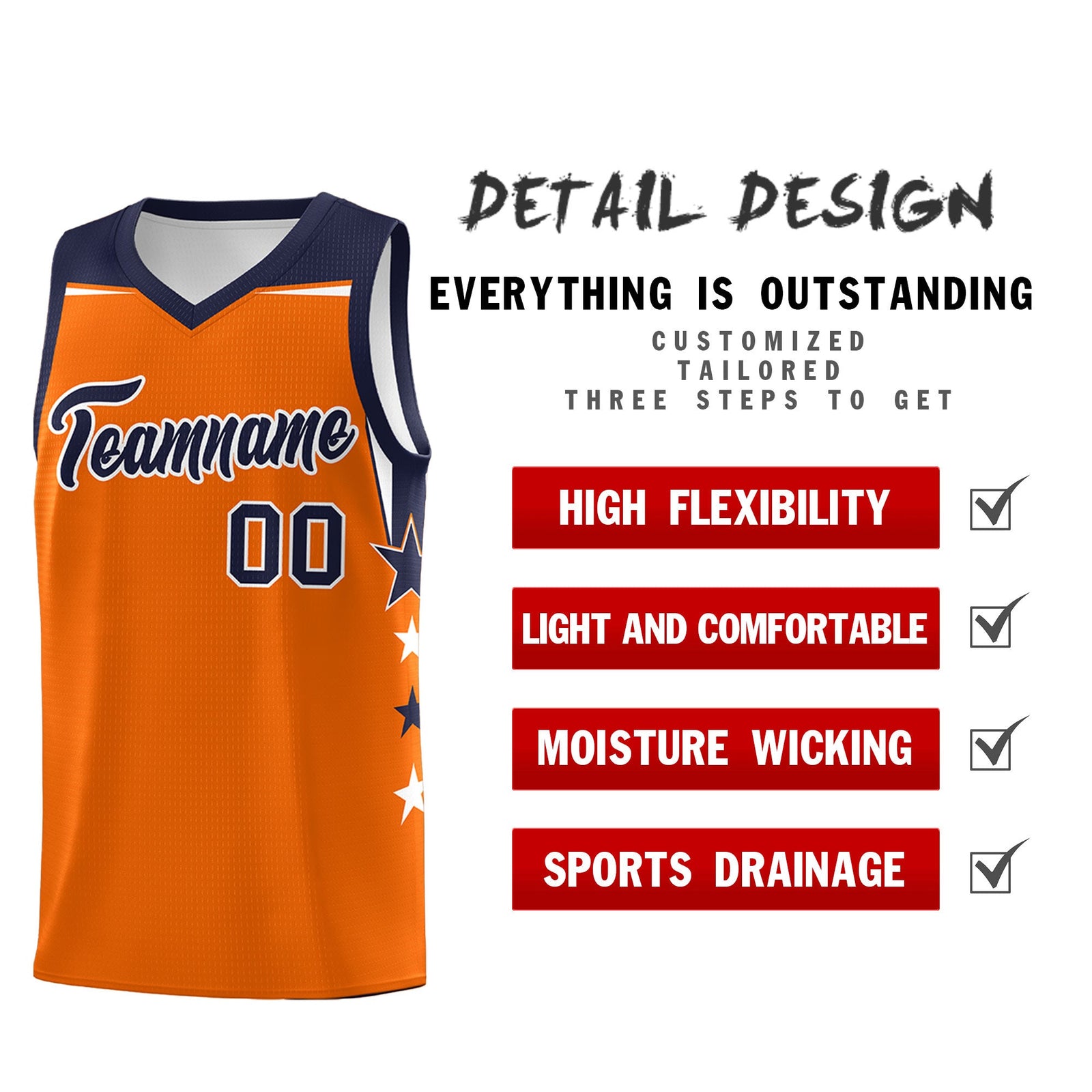 Custom Youth Basketball Uniform Orange Navy Two Tone Side Star Color Block Team Jersey