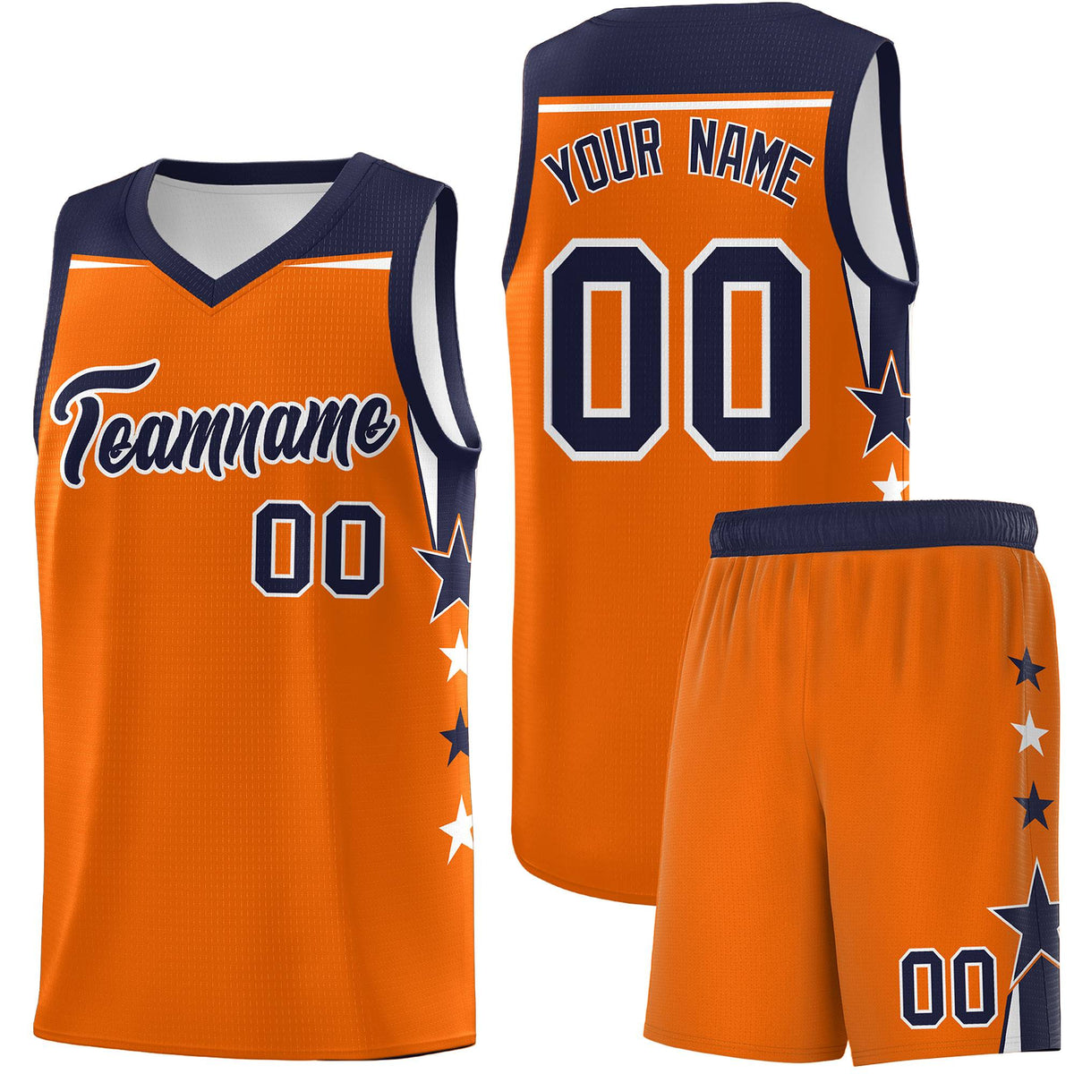 Custom Youth Basketball Uniform Orange Navy Two Tone Side Star Color Block Team Jersey