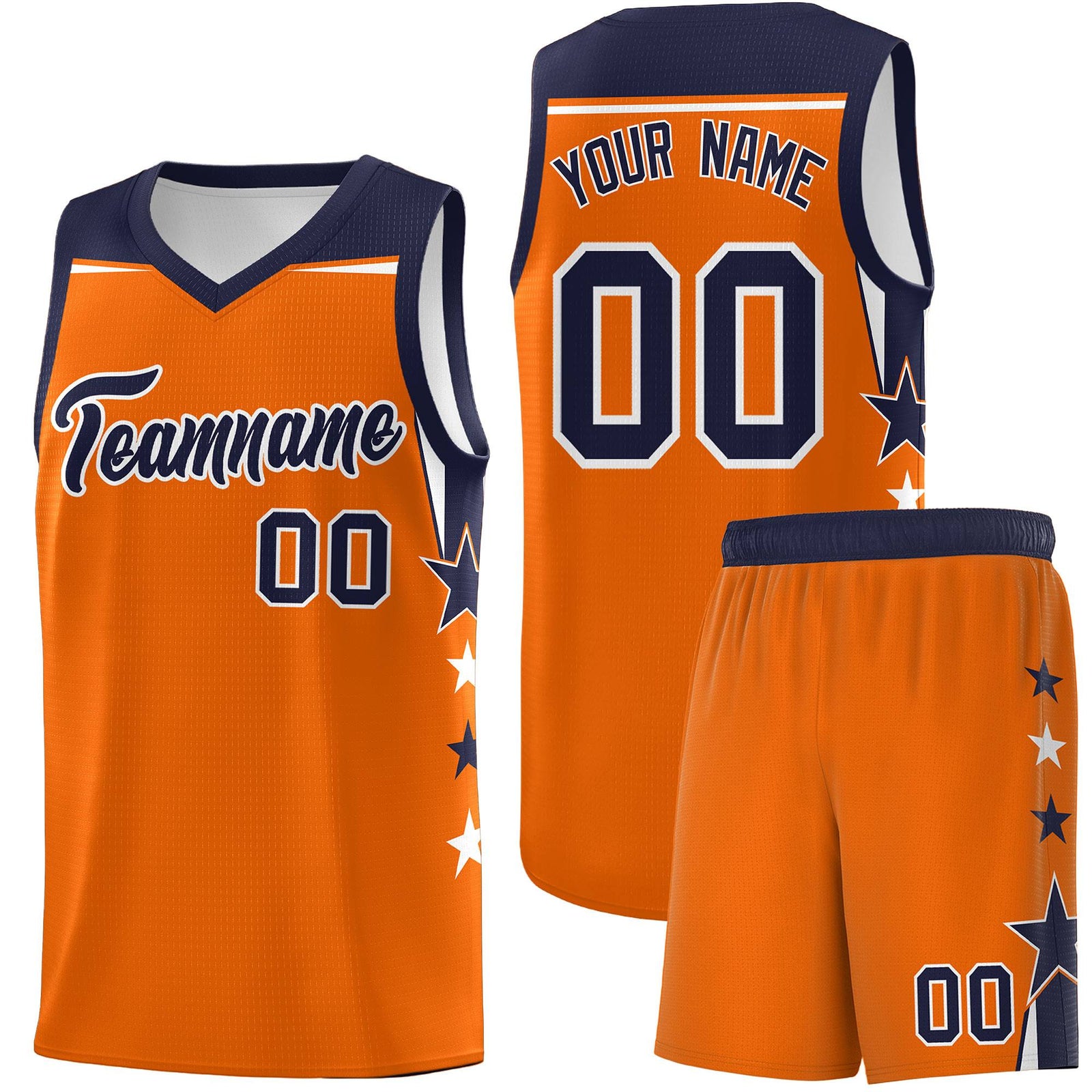 Custom Youth Basketball Uniform Orange Navy Two Tone Side Star Color Block Team Jersey