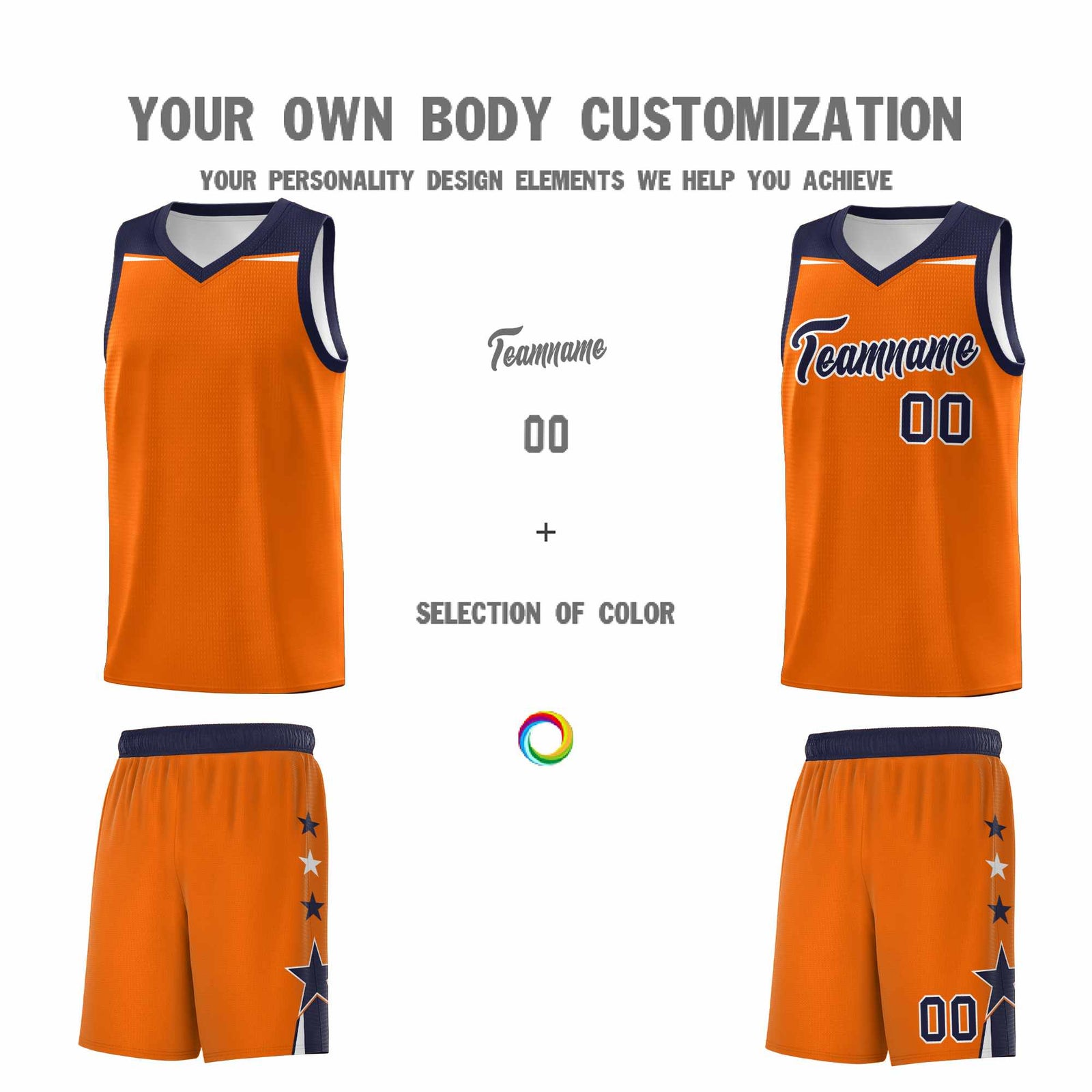 Custom Youth Basketball Uniform Orange Navy Two Tone Side Star Color Block Team Jersey