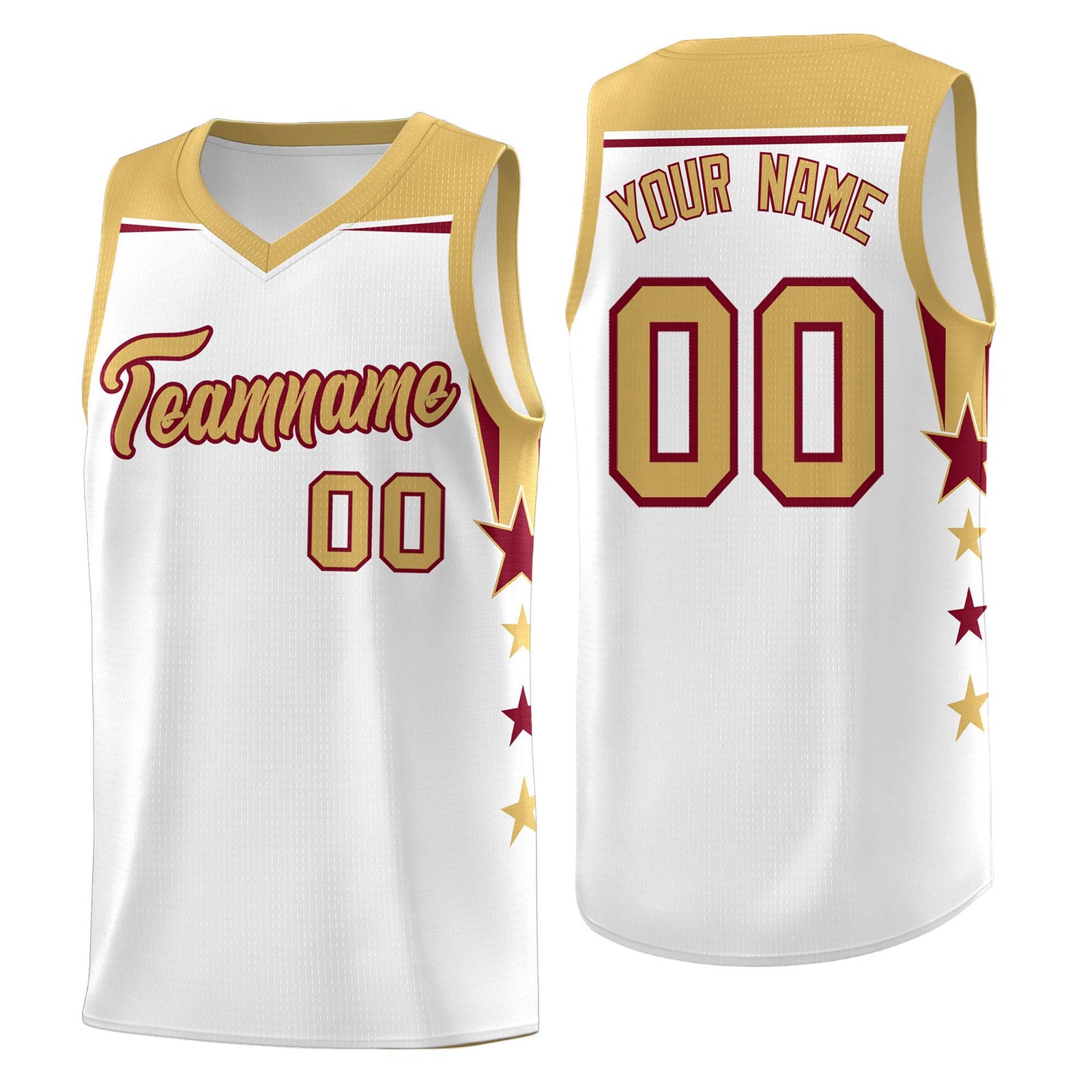 Custom Youth Basketball Uniform White Old Gold Two Tone Side Star Add Name Number & Logo