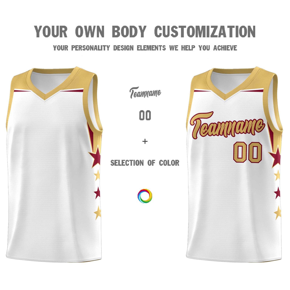 Custom Youth Basketball Uniform White Old Gold Two Tone Side Star Add Name Number &amp; Logo