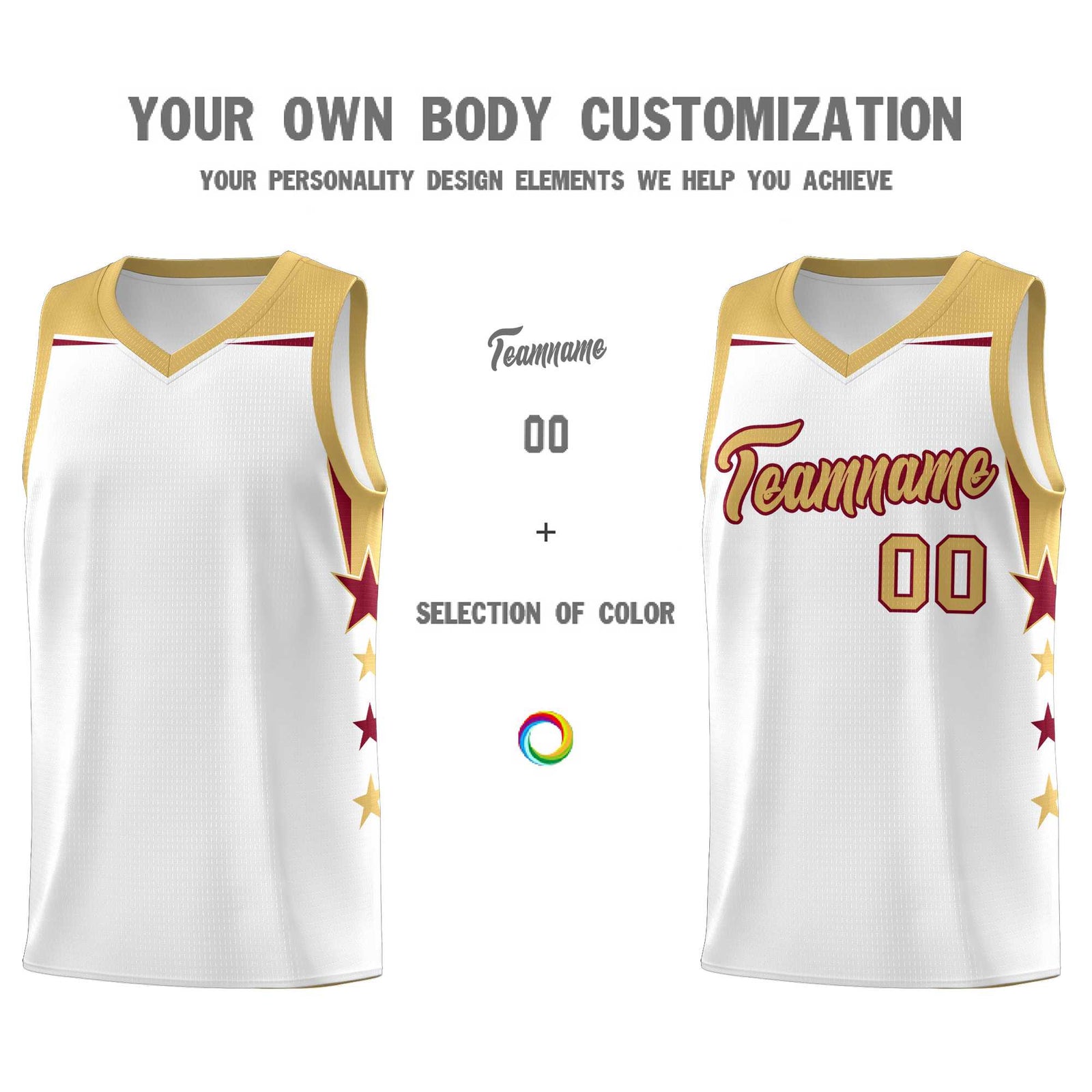 Custom Youth Basketball Uniform White Old Gold Two Tone Side Star Add Name Number & Logo