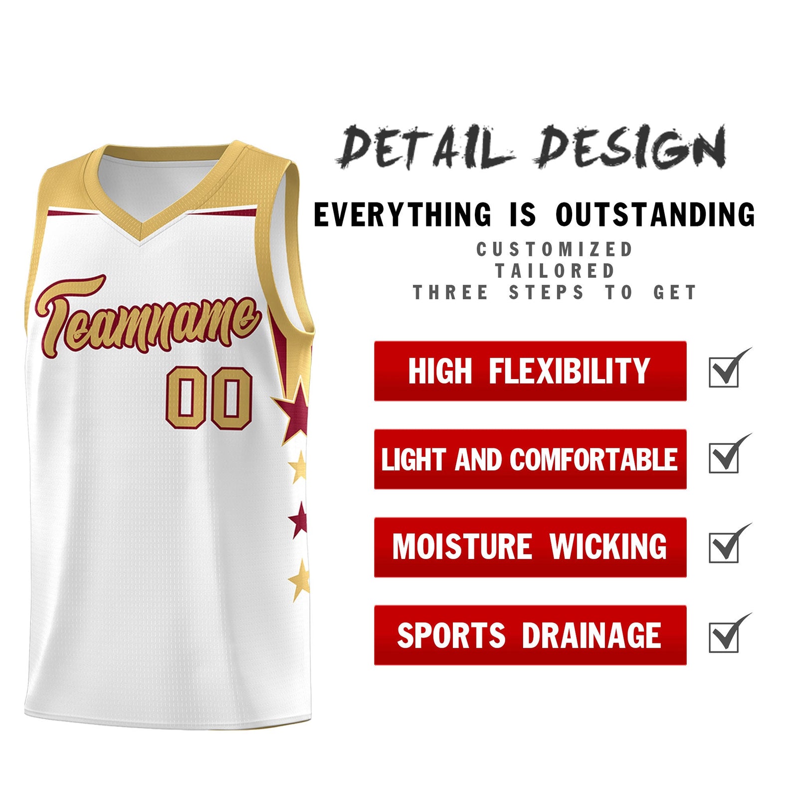 Custom Youth Basketball Uniform White Old Gold Two Tone Side Star Add Name Number & Logo