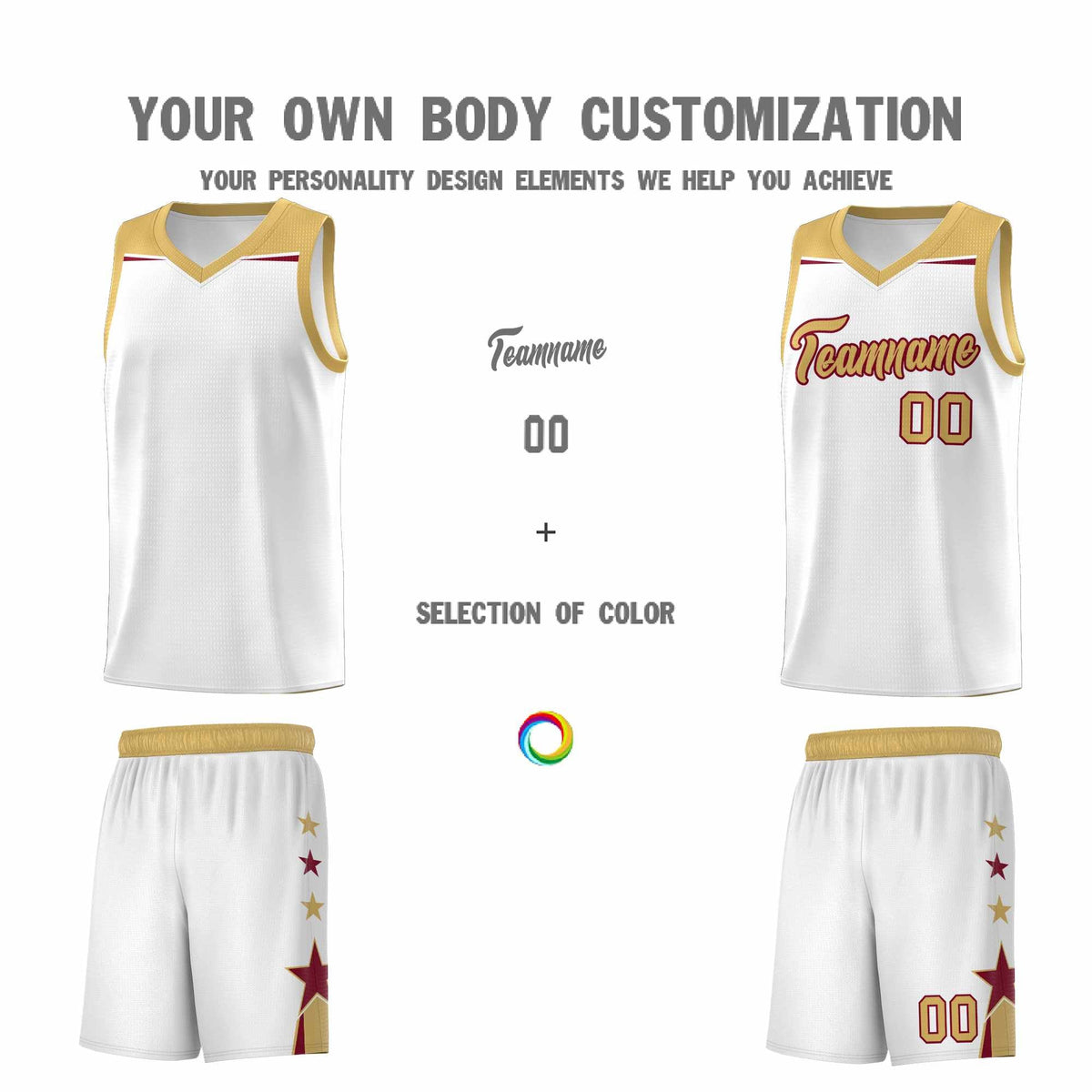 Custom Youth Basketball Uniform White Old Gold Two Tone Side Star Add Name Number &amp; Logo